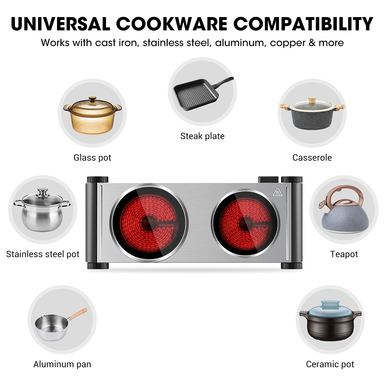 Cusimax 1800W Dual Infrared Cooktop, Portable Electric Stove for Cooking,Ceramic Glass Heating Plate, Concealed Handle,Stainless Steel Base,Easy Clean for Home, Dorm, Office