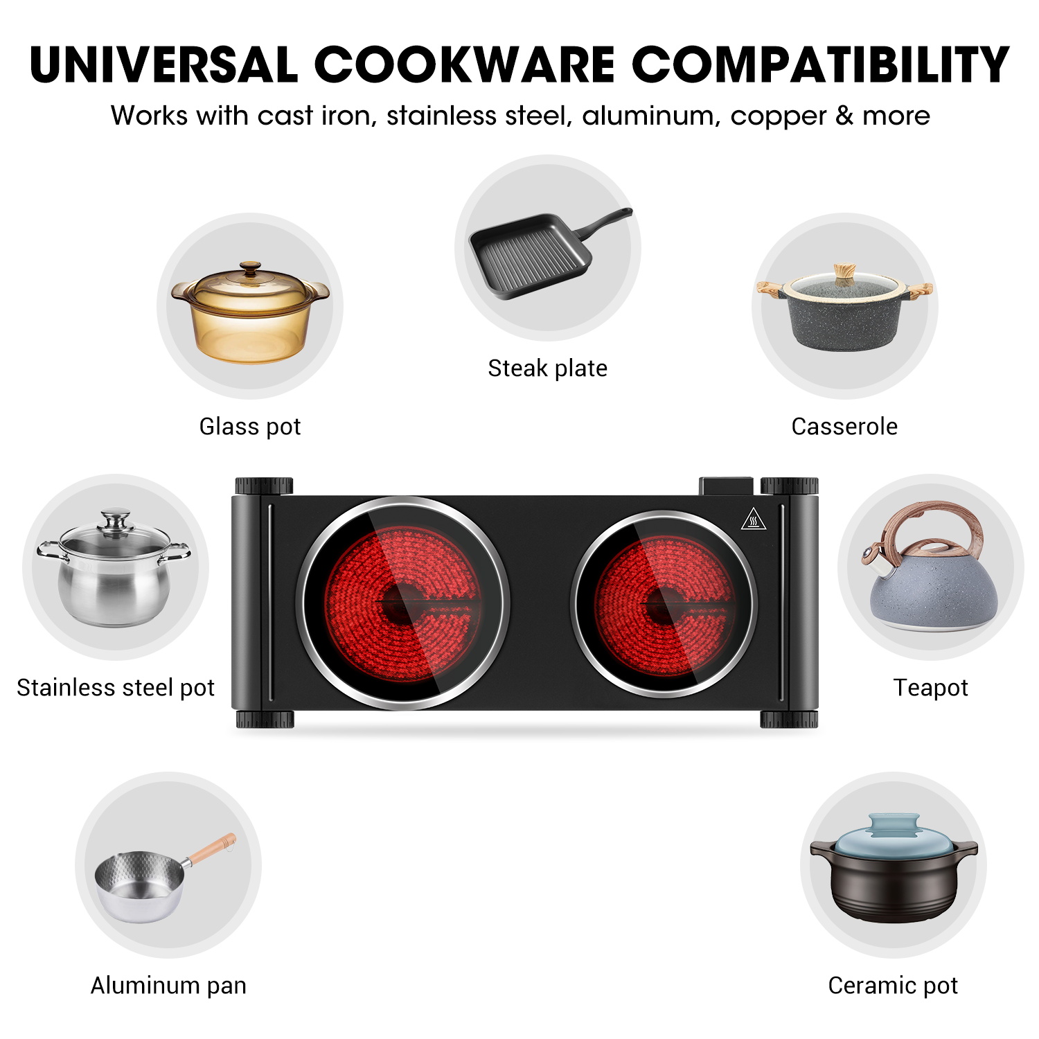 Cusimax 1800W Dual Infrared Cooktop, Portable Electric Stove for Cooking,Ceramic Glass Heating Plate, Concealed Handle,Stainless Steel Base,Easy Clean for Home, Dorm, Office