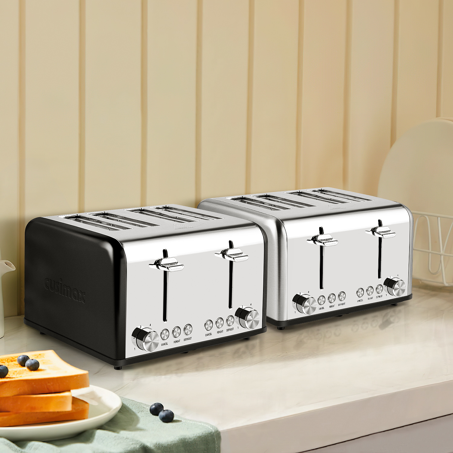 Cusimax Stainless Steel Toaster 4 Slice with Long Extra Wide Slots & Removable Crumb Tray,6 Browning Options,Bagel/Defrost/Cancle Functions,Easy to Clean(UK)