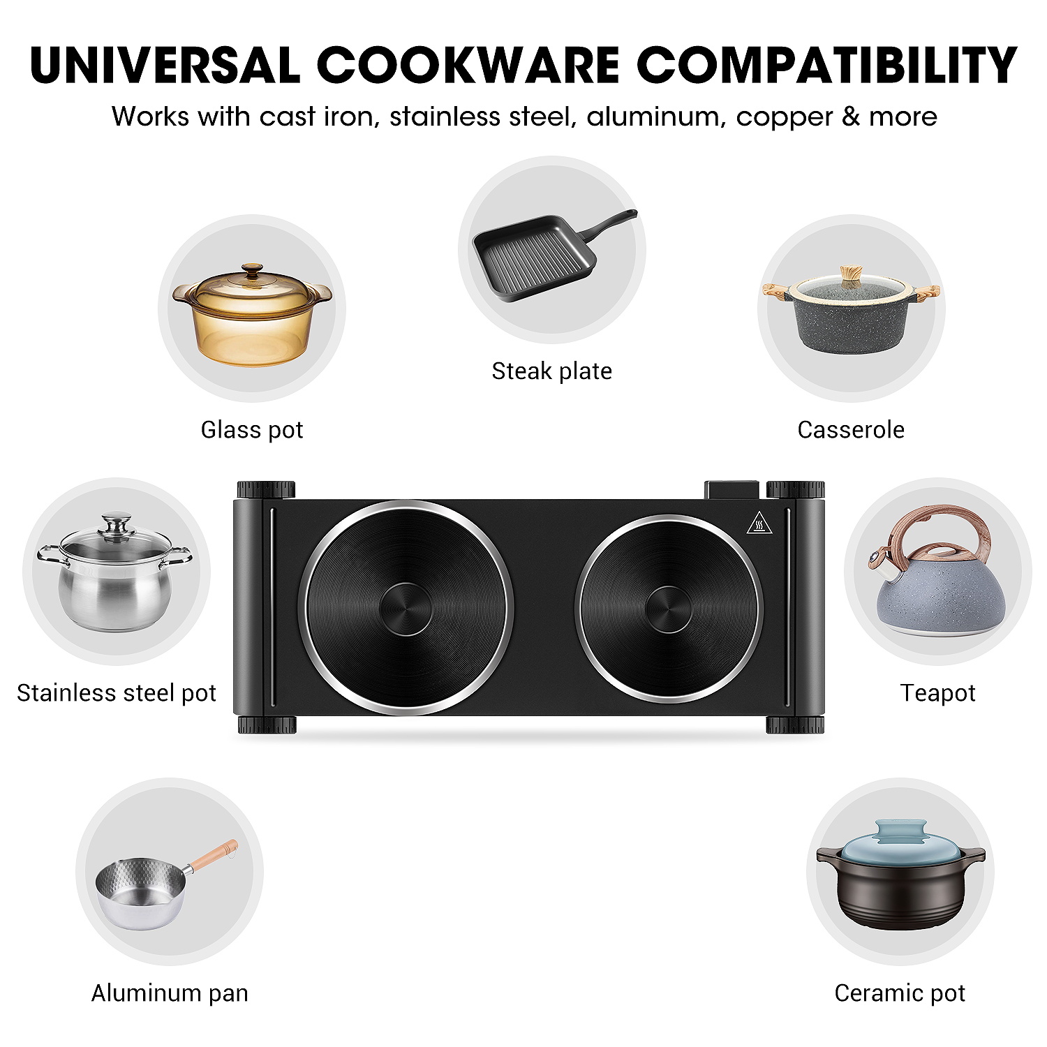 Cusimax 1800W Portable Electric Countertop Double Burner,Stainless Steel Hot Plate Cooktop with 2 Knob Control,Cast Iron Electric Stove for Cooking,Concealed Handle,Upgraded Version