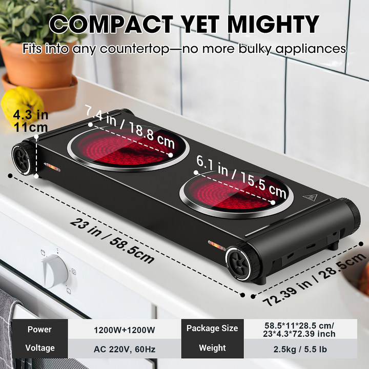 Cusimax 2400W Infrared  Dual Hobs Hot Plate – Compact, Stylish & Powerful Portable Cooktop for Home & Camping, Upgraded Stainless Steel Design with Dual Temperature Control