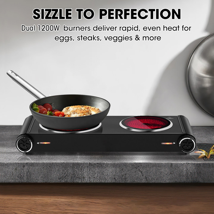 Cusimax 2400W Infrared  Dual Hobs Hot Plate – Compact, Stylish & Powerful Portable Cooktop for Home & Camping, Upgraded Stainless Steel Design with Dual Temperature Control