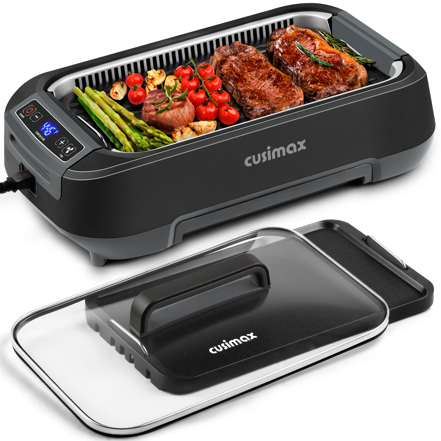 Cusimax Smokeless Indoor Grill,  Electric Grill with Non-stick Removable Grill/Griddle Plate, 1500W Korean BBQ Grill with LED Smart Display & Tempered Glass Lid, Easy to Clean.