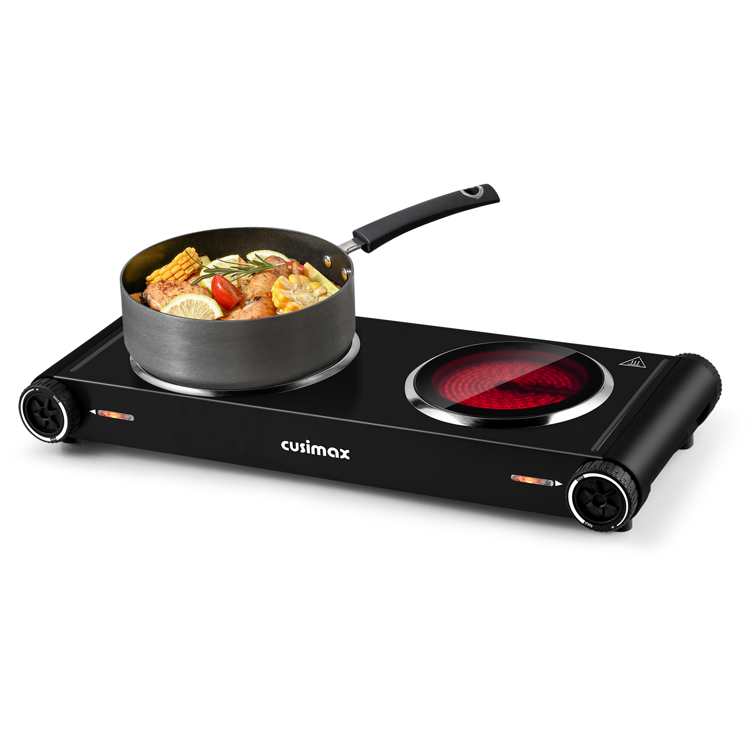 Cusimax 1800W Dual Infrared Cooktop, Portable Electric Stove for Cooking,Ceramic Glass Heating Plate, Concealed Handle,Stainless Steel Base,Easy Clean for Home, Dorm, Office