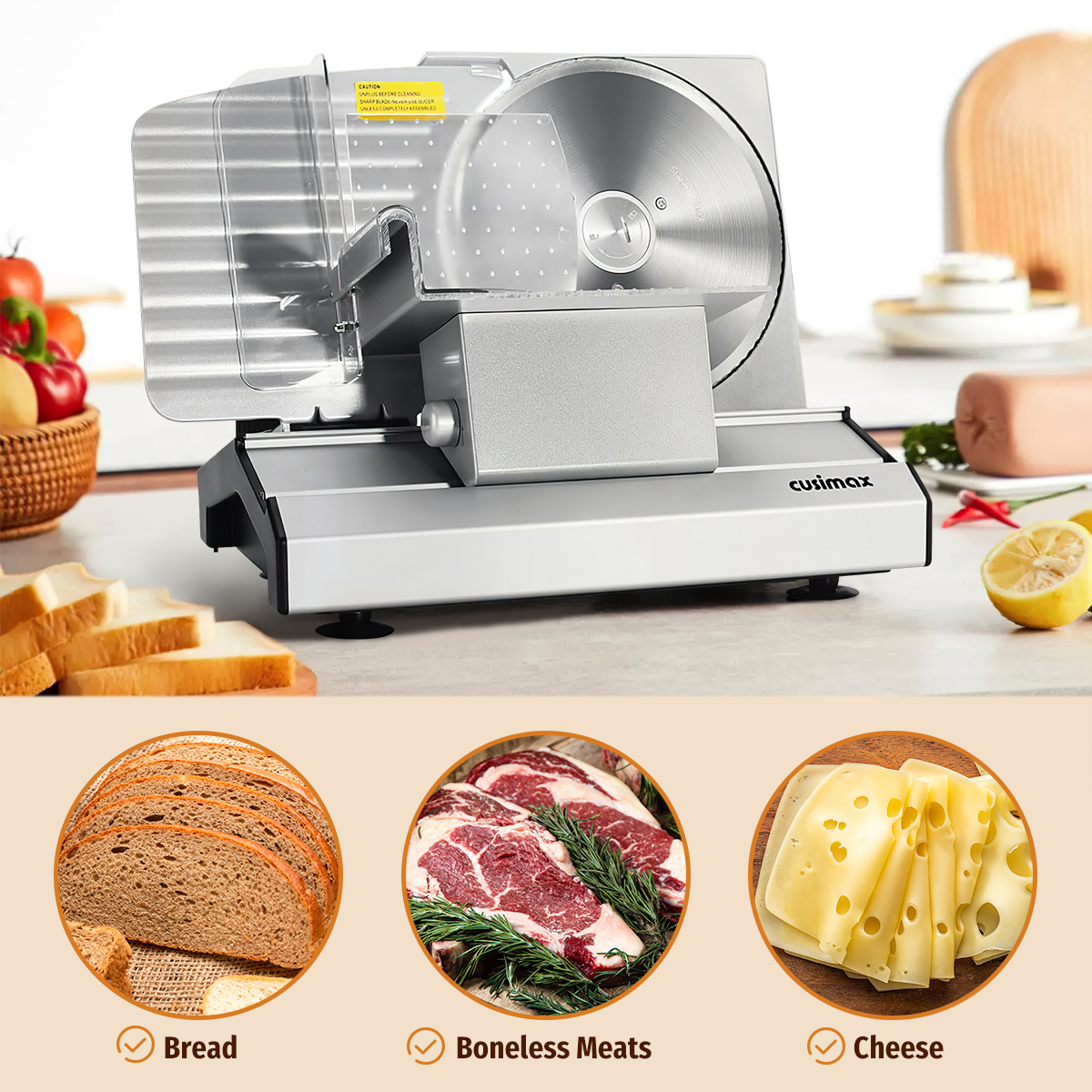 Cusimax Electric Deli Meat Cheese Food Slicer with Removable Food Carriage,2 Removable 7.5''Stainless Steel Blades,1-20mm Adjustable Thickness Meat Slicer for Home,Cut Meat,Cheese,Bread