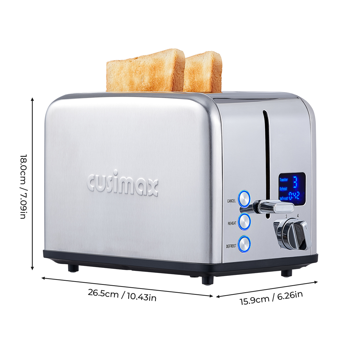 Cusimax Brushed Stainless Steel 2 Slice Toaster with Large LED Display,Extra Wide Slots & Removable Crumb Tray,6 Browning Settings,Cancel/Bagel/Defrost Function