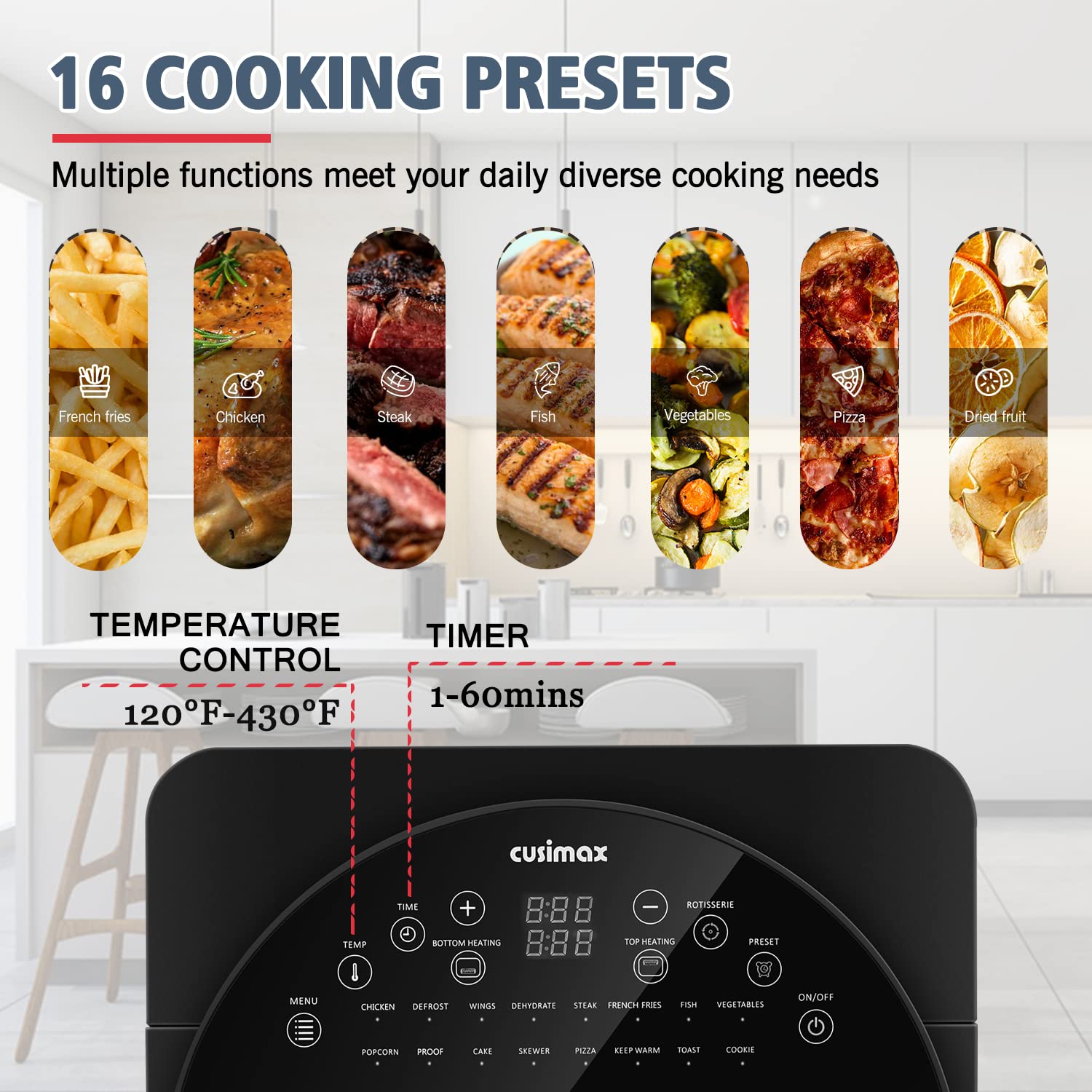 CUSIMAX Air Fryer Oven, 10-in-1 Convection Oven, 15QT Air Fryer Combo, Countertop Air Fryer Toaster Oven with Rotisserie & Dehydrator, Rich Accessories, Black