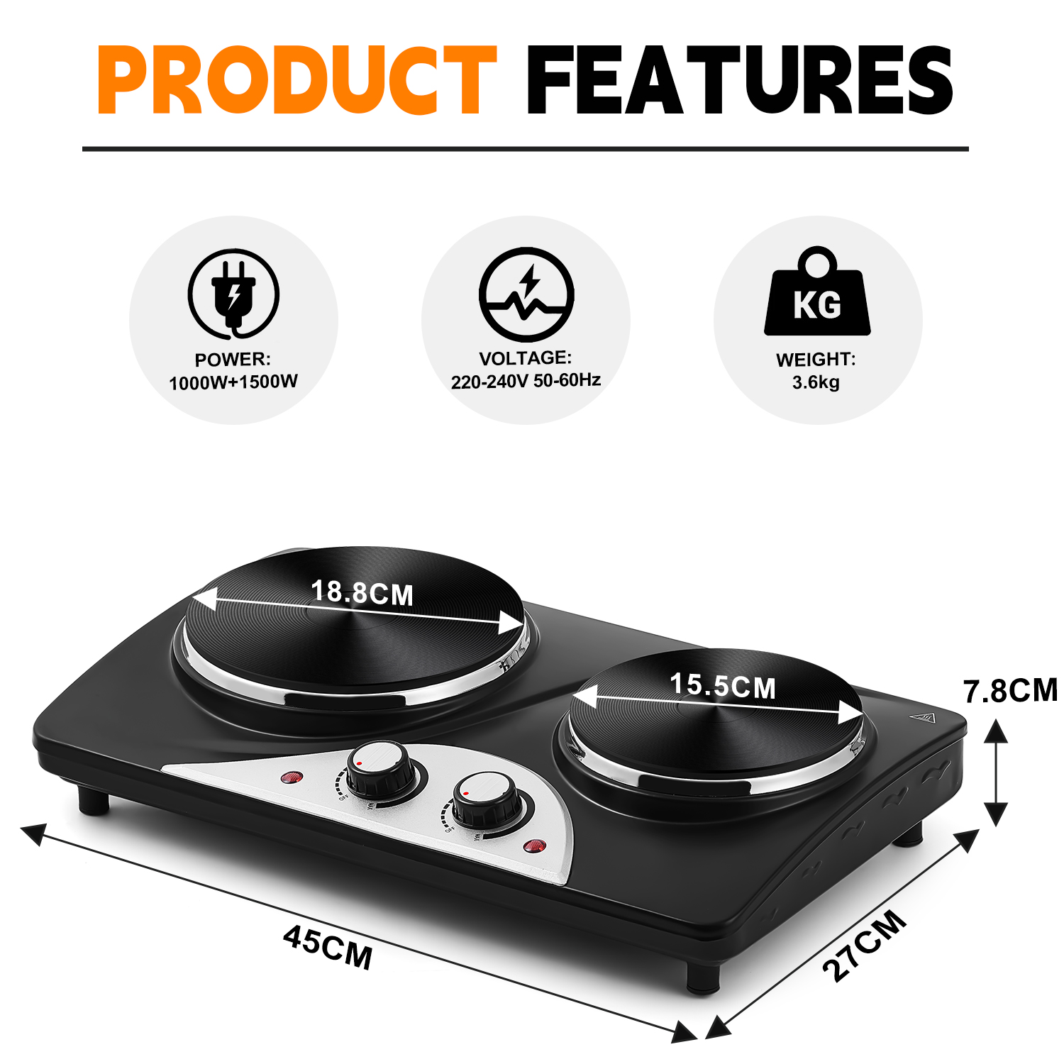 Cusimax 2500W Electric Double Hot Plate,Countertop Cast Iron Burner,Temperature Controls,Power Indicator Lights,Easy To Clean,Silver(DE)