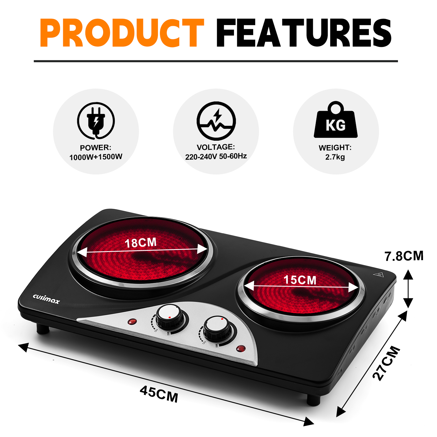 Cusimax Hot Plate, 2100W Double Burners, Infrared Burners Electric Ceramic Hot Plate Cooktop for Cooking, Portable Countertop Cooktop Glass Heating Plate, Heat-Up in Seconds, Compatible for All Cookwares(UK)