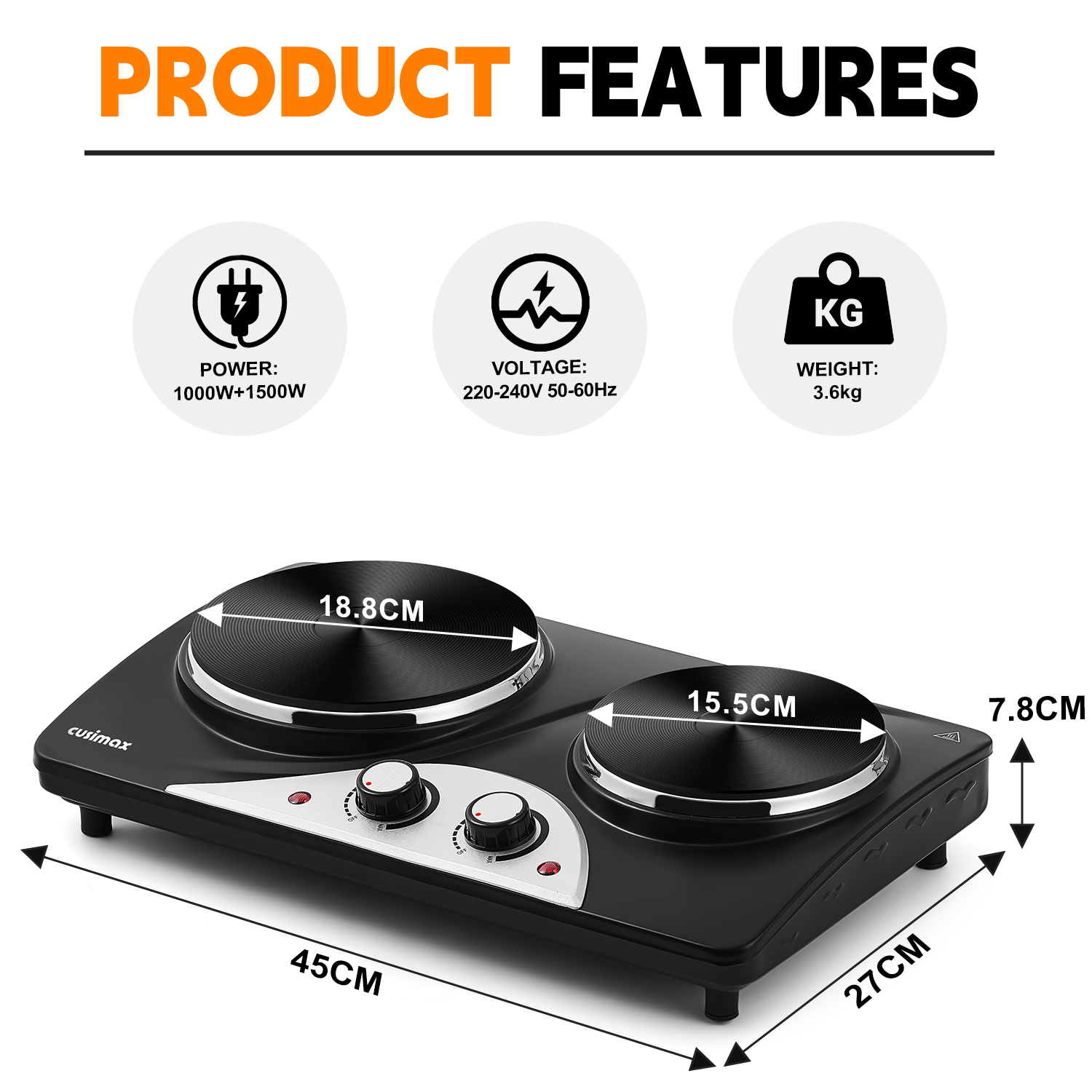 Cusimax 2500W Electric Double Hot Plate,Countertop Cast Iron Burner,Temperature Controls,Power Indicator Lights,Easy To Clean,Silver(UK)