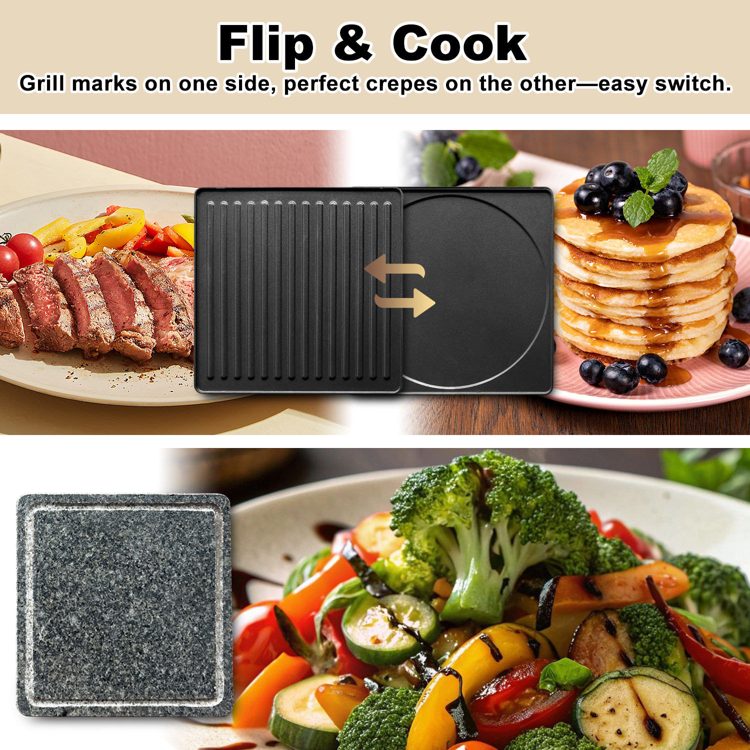 Cusimax Portable Indoor BBQ Grill with 2 in 1 Reversible Non-stick Plate & Natural Grill Stone,Electric Tabletop Cooker for BBQ&Family fun