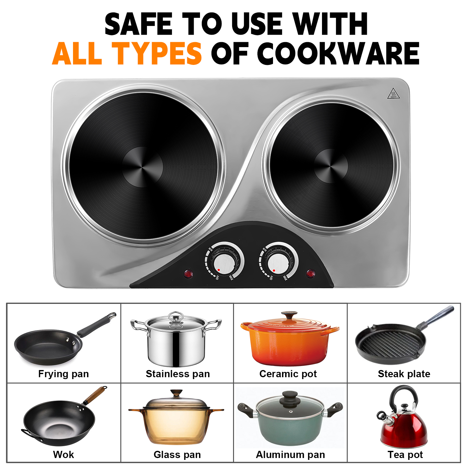 Cusimax 2500W Electric Double Hot Plate,Countertop Cast Iron Burner,Temperature Controls,Power Indicator Lights,Easy To Clean,Silver(DE)