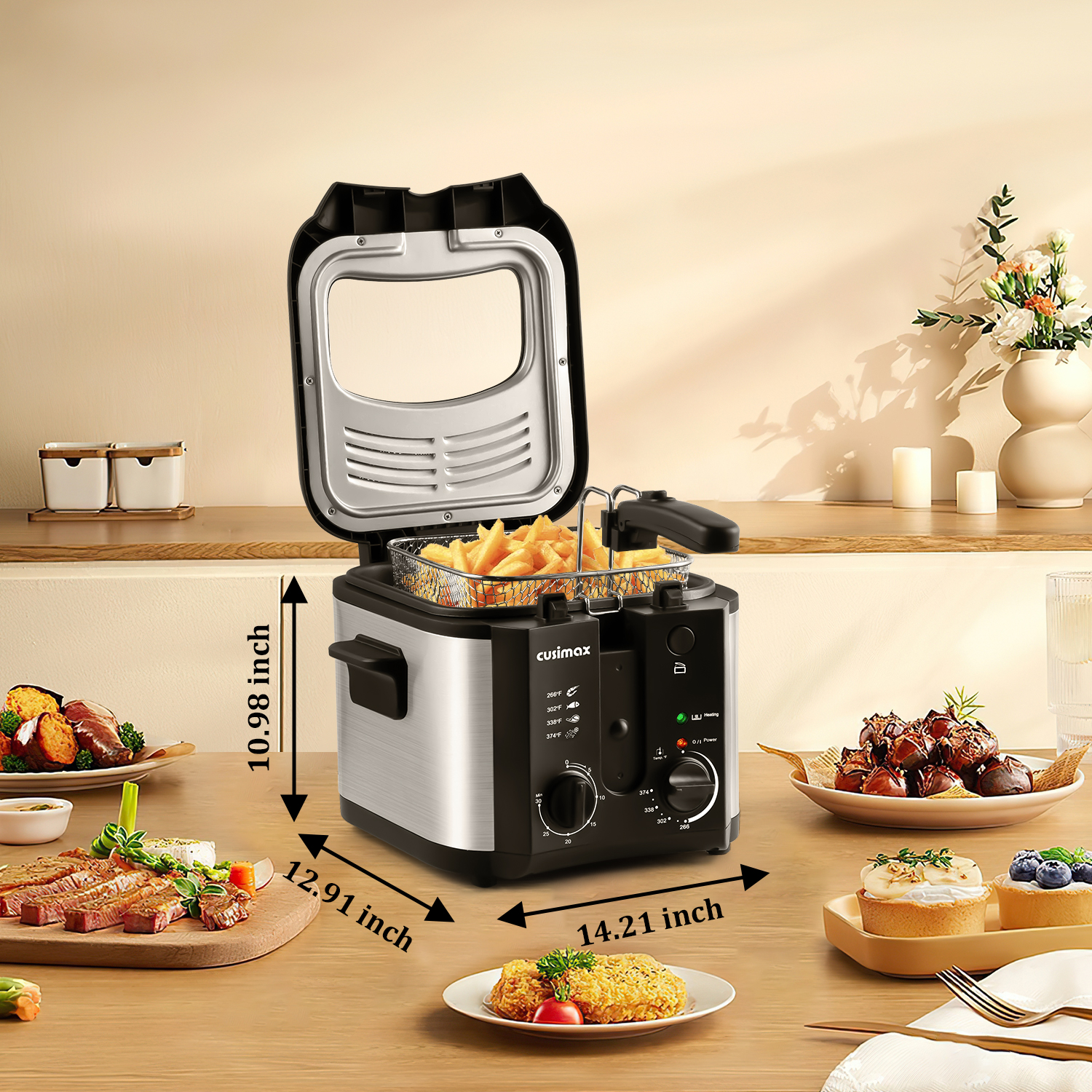 Cusimax 2.5L Electric Deep Fryer with Basket Strainer and Handle,Lid with View Window,Adjustable Temp & Timer,Perfect for Chicken,Fries,Chips and More,Easy to Clean,1500 Watts