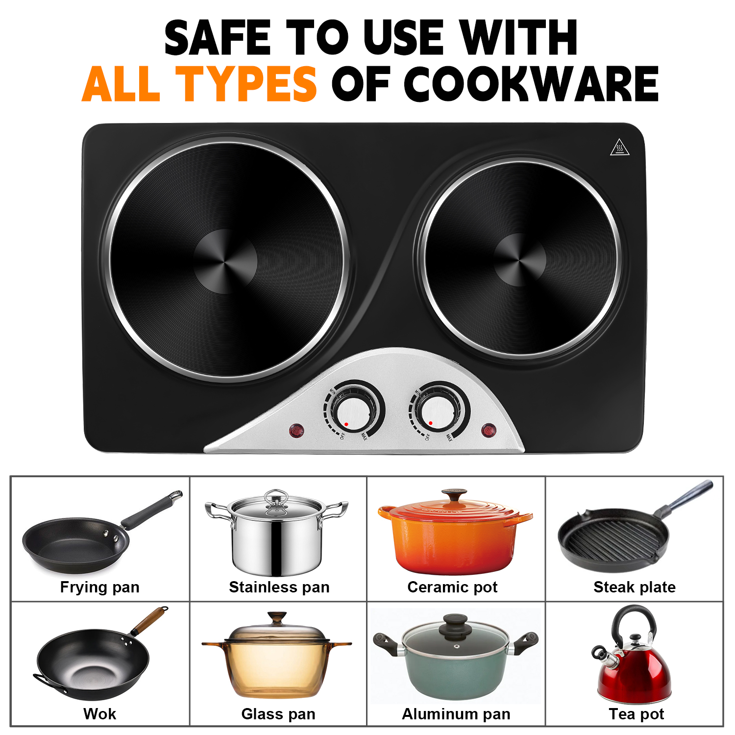 Cusimax 2500W Electric Double Hot Plate,Countertop Cast Iron Burner,Temperature Controls,Power Indicator Lights,Easy To Clean,Silver(DE)