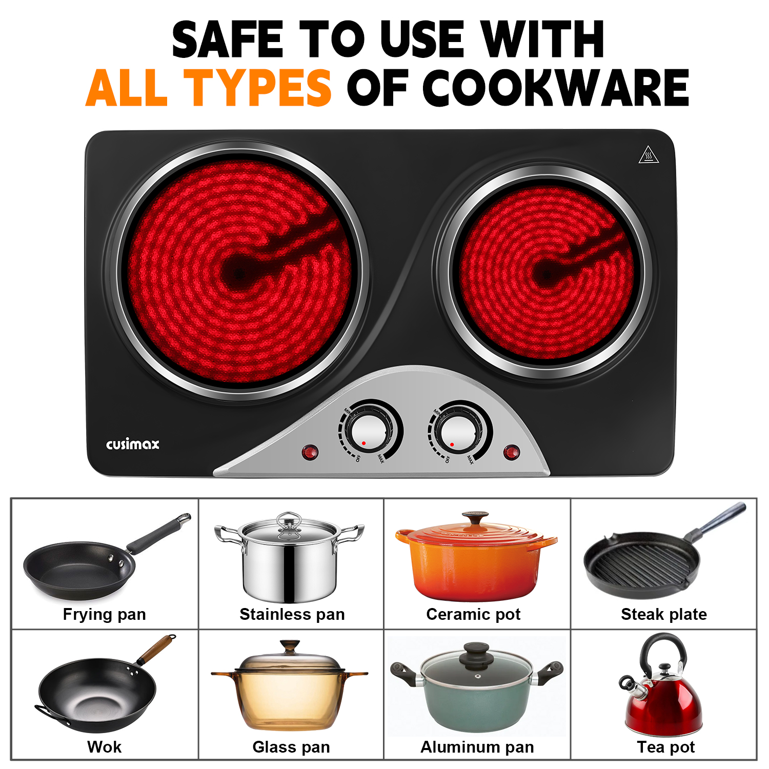 Cusimax Hot Plate, 2100W Double Burners, Infrared Burners Electric Ceramic Hot Plate Cooktop for Cooking, Portable Countertop Cooktop Glass Heating Plate, Heat-Up in Seconds, Compatible for All Cookwares(UK)