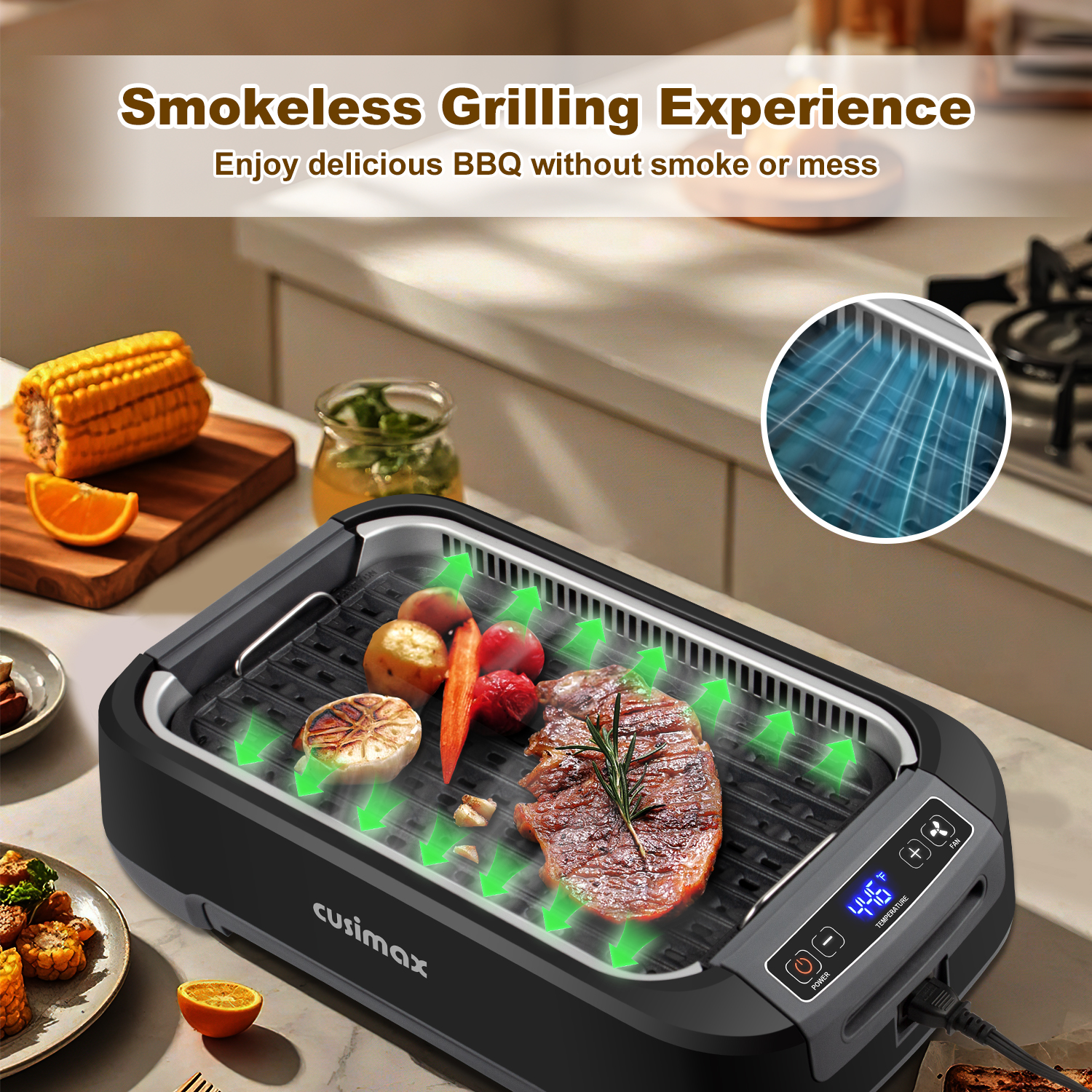 Cusimax Smokeless Indoor Grill,  Electric Grill with Non-stick Removable Grill/Griddle Plate, 1500W Korean BBQ Grill with LED Smart Display & Tempered Glass Lid, Easy to Clean.
