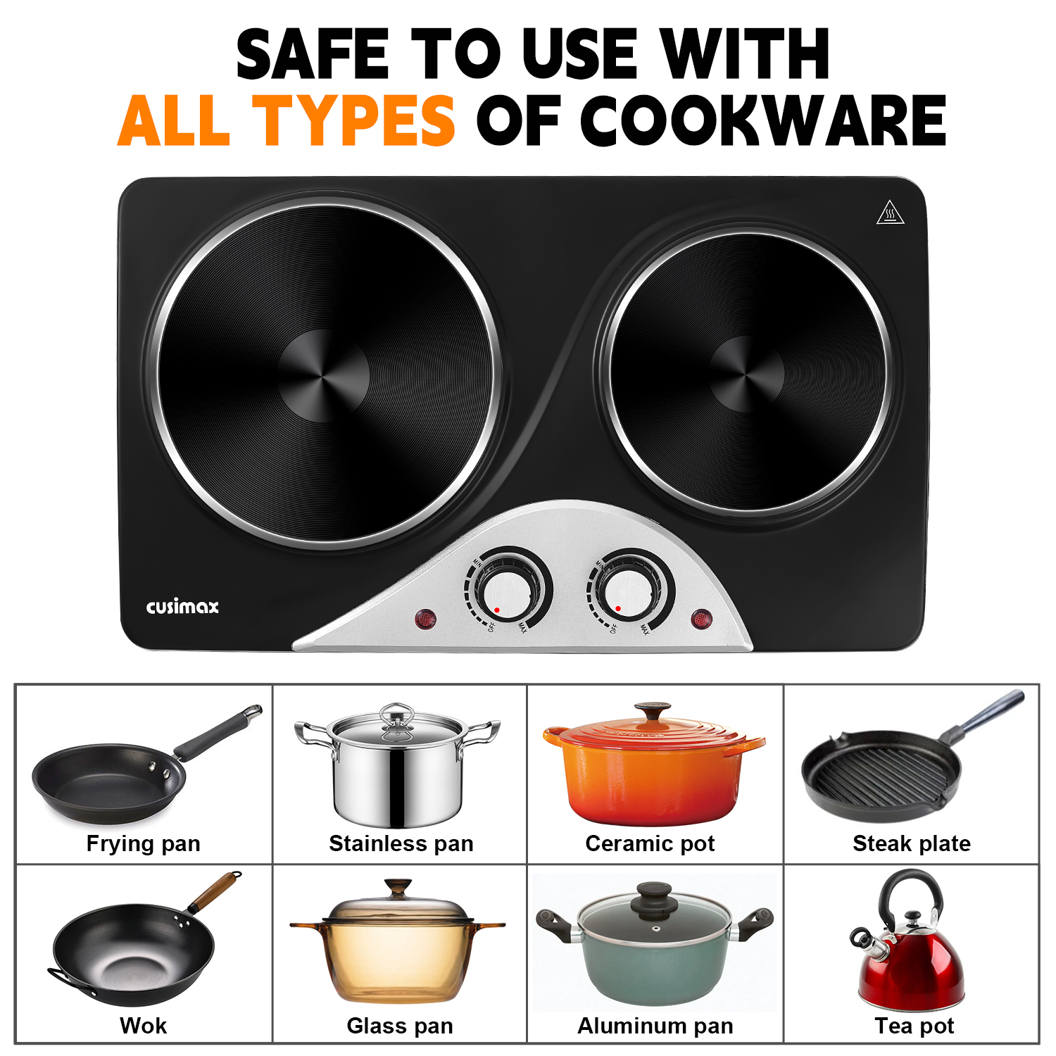 Cusimax 2500W Electric Double Hot Plate,Countertop Cast Iron Burner,Temperature Controls,Power Indicator Lights,Easy To Clean,Silver(UK)