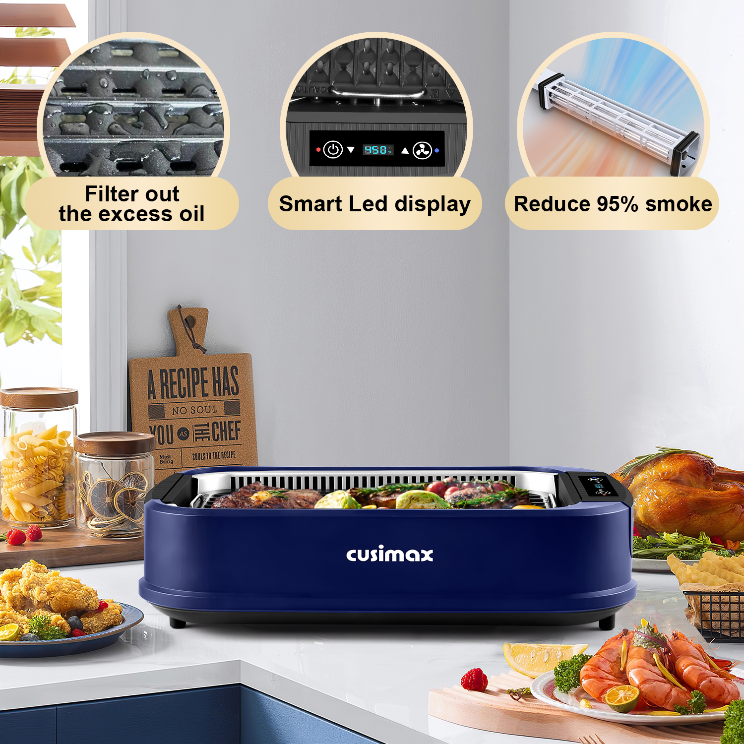 Cusimax Blue Electric Portable Indoor Smokeless Grill(IT)