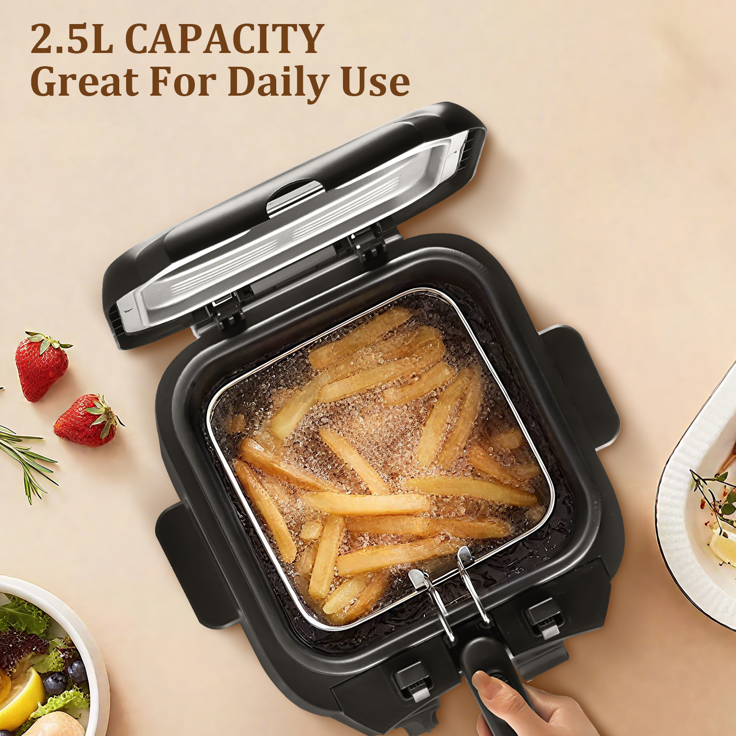 Cusimax 2.5L Electric Deep Fryer with Basket Strainer and Handle,Lid with View Window,Adjustable Temp & Timer,Perfect for Chicken,Fries,Chips and More,Easy to Clean,1500 Watts