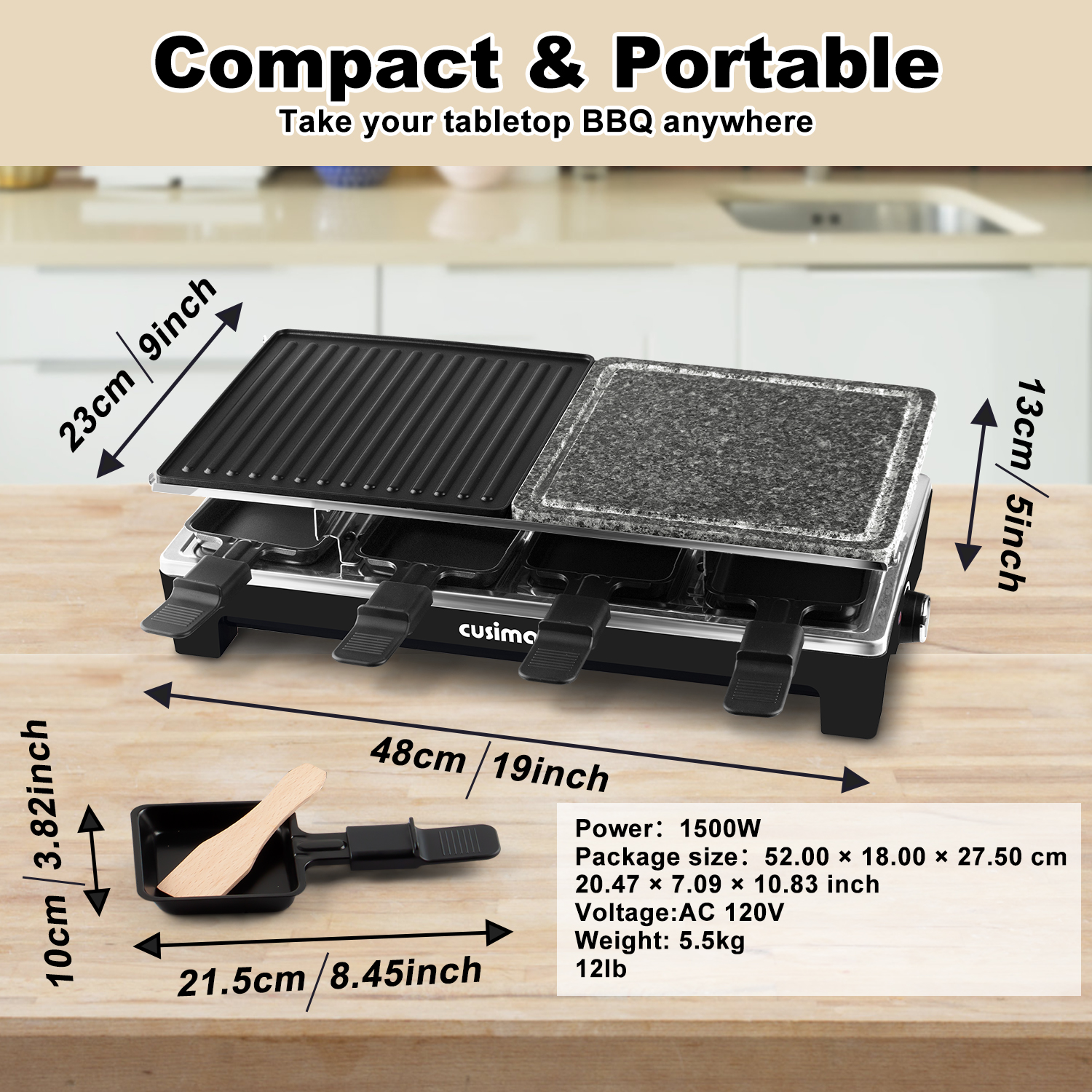 Cusimax Portable Indoor BBQ Grill with 2 in 1 Reversible Non-stick Plate & Natural Grill Stone,Electric Tabletop Cooker for BBQ&Family fun
