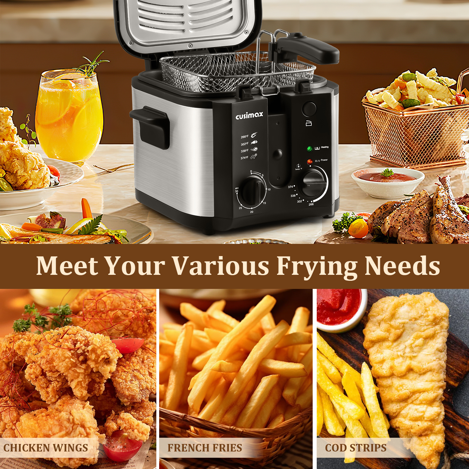 Cusimax 2.5L Electric Deep Fryer with Basket Strainer and Handle,Lid with View Window,Adjustable Temp & Timer,Perfect for Chicken,Fries,Chips and More,Easy to Clean,1500 Watts