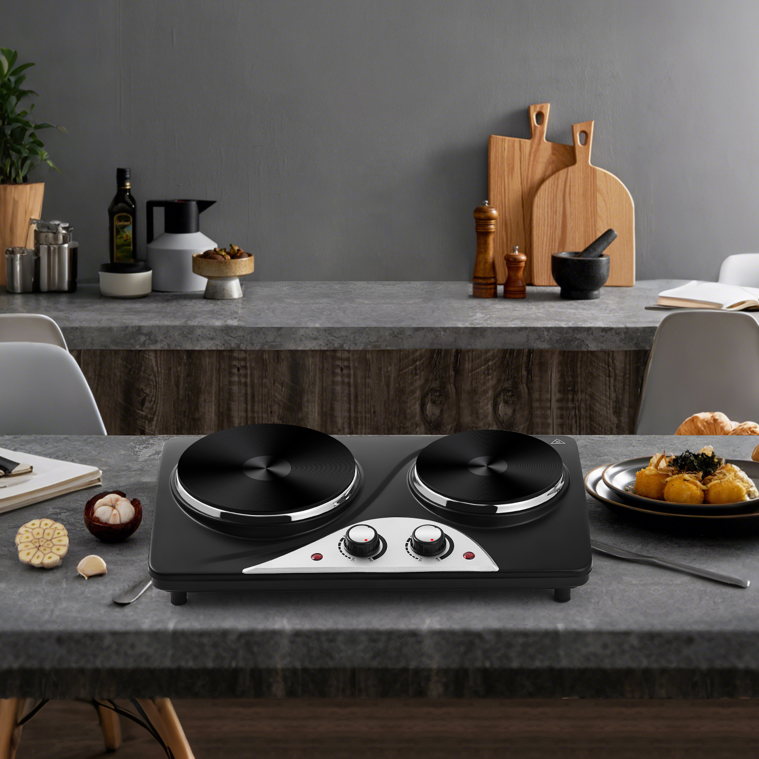 Cusimax 2500W Electric Double Hot Plate,Countertop Cast Iron Burner,Temperature Controls,Power Indicator Lights,Easy To Clean,Silver(DE)