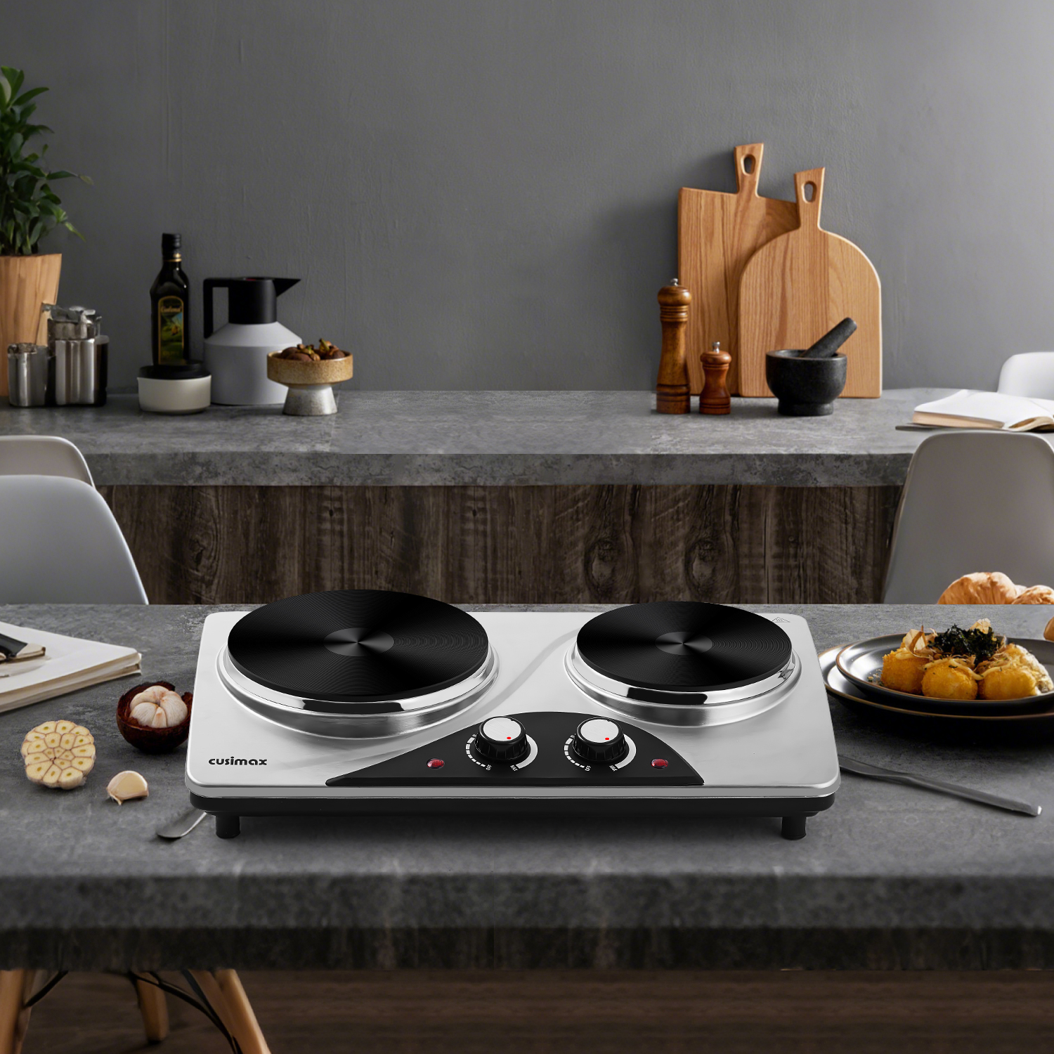 Cusimax 1800W Electric Double Hot Plate,Countertop Cast Iron Burner,Temperature Controls,Power Indicator Lights,Easy To Clean,Silver