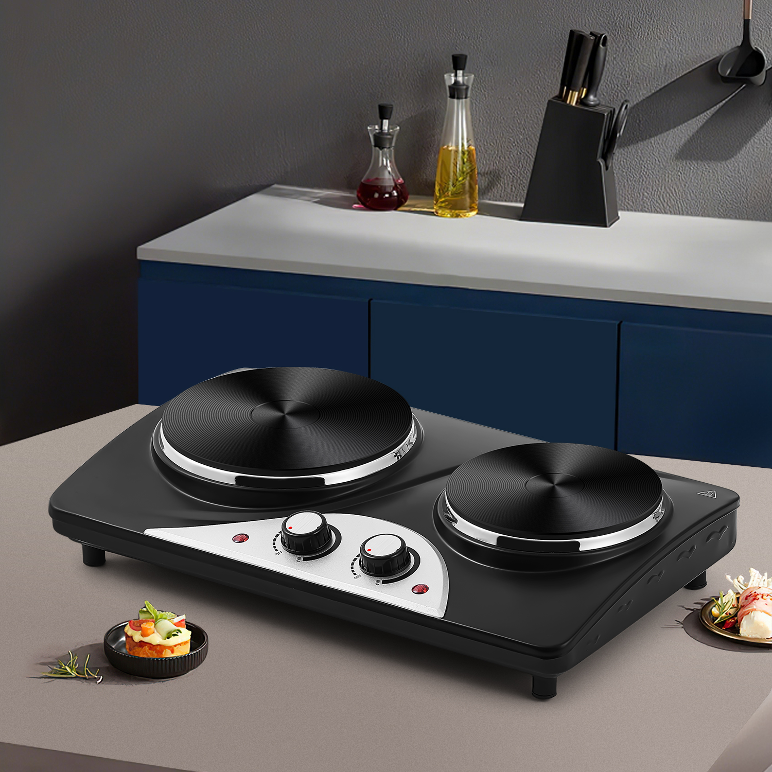 Cusimax 2500W Electric Double Hot Plate,Countertop Cast Iron Burner,Temperature Controls,Power Indicator Lights,Easy To Clean,Silver(DE)