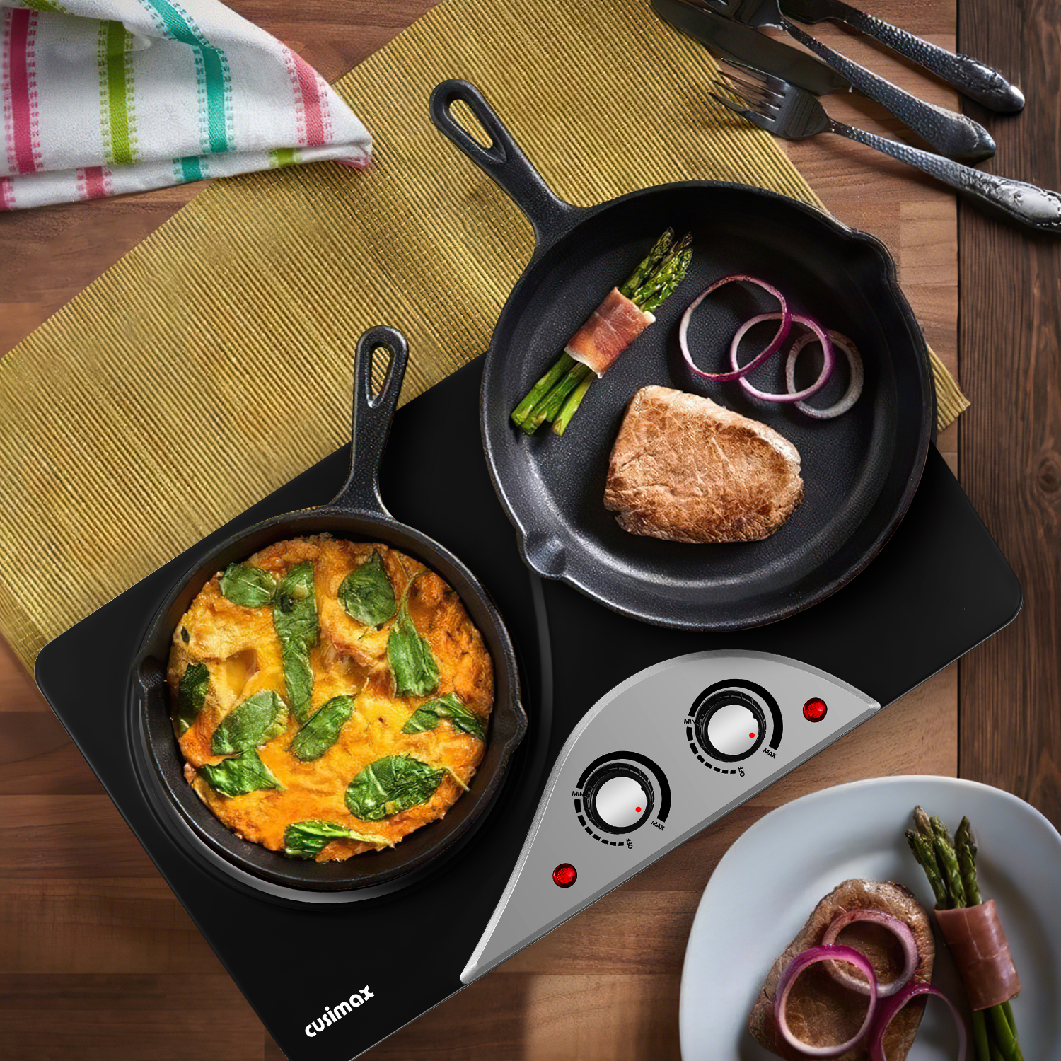 Cusimax Hot Plate, 2100W Double Burners, Infrared Burners Electric Ceramic Hot Plate Cooktop for Cooking, Portable Countertop Cooktop Glass Heating Plate, Heat-Up in Seconds, Compatible for All Cookwares(UK)