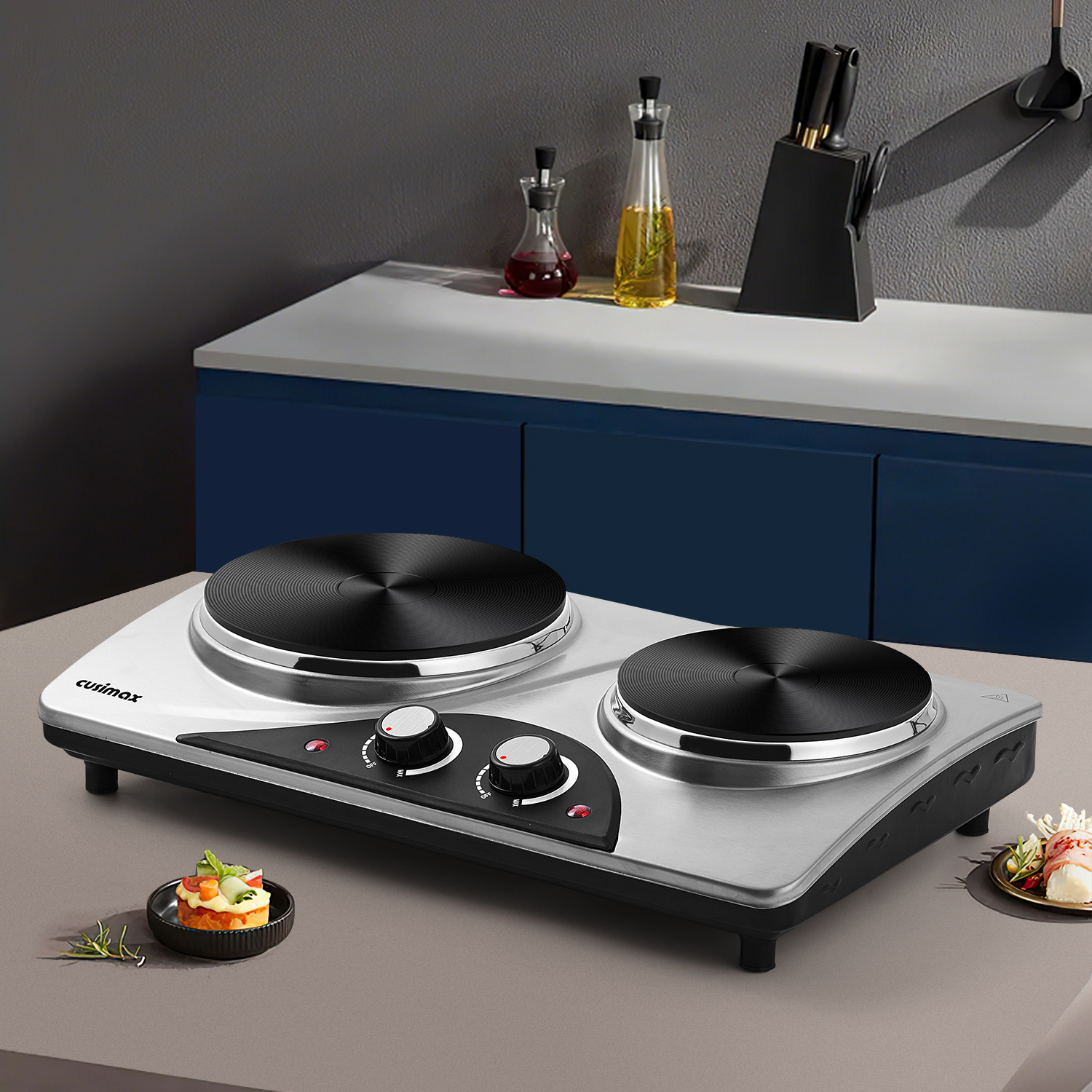 Cusimax 1800W Electric Double Hot Plate,Countertop Cast Iron Burner,Temperature Controls,Power Indicator Lights,Easy To Clean,Silver