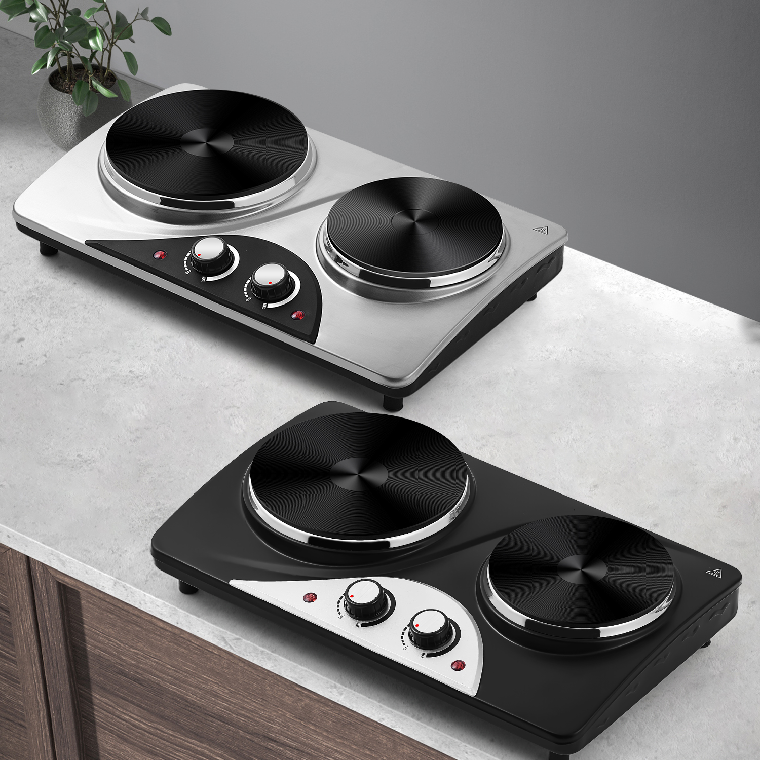 Cusimax 2500W Electric Double Hot Plate,Countertop Cast Iron Burner,Temperature Controls,Power Indicator Lights,Easy To Clean,Silver(DE)