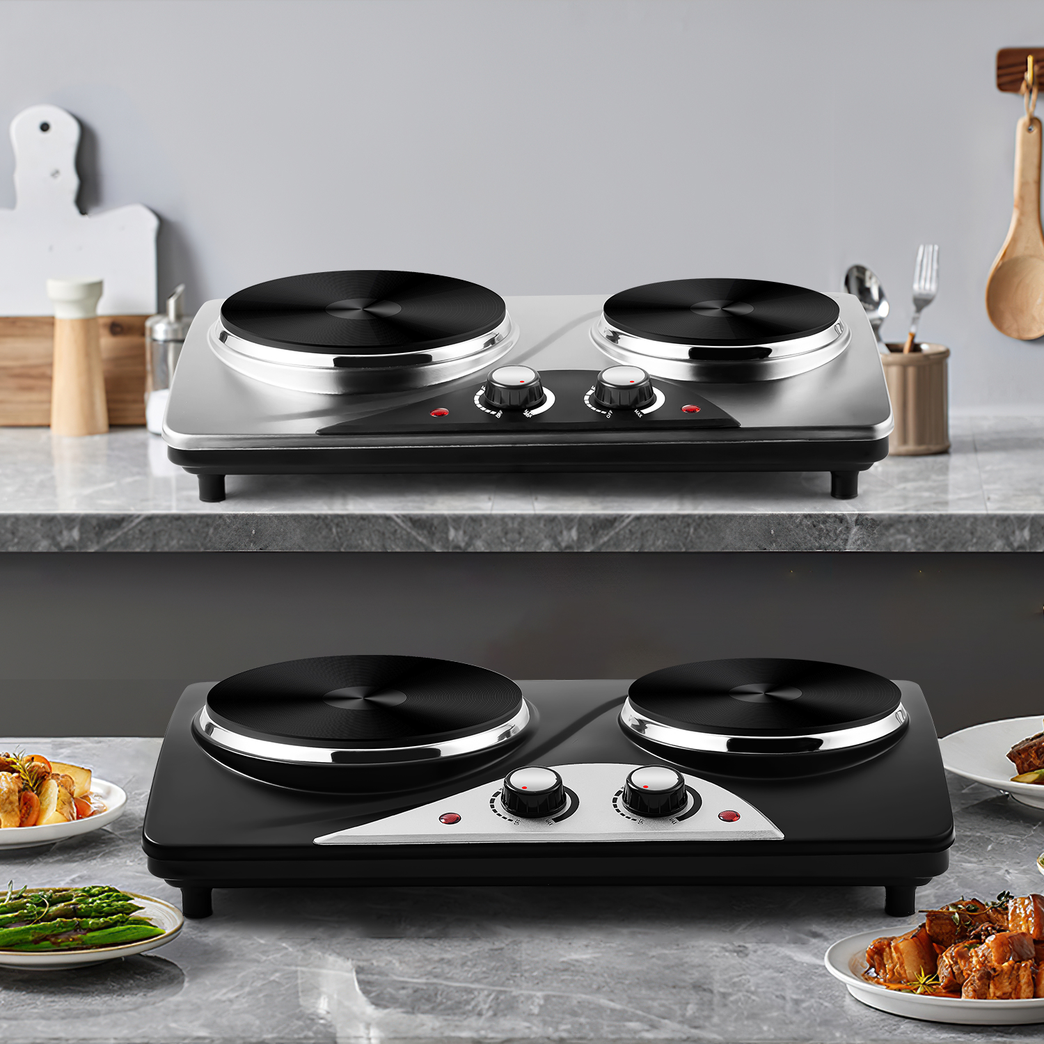 Cusimax 2500W Electric Double Hot Plate,Countertop Cast Iron Burner,Temperature Controls,Power Indicator Lights,Easy To Clean,Silver(DE)