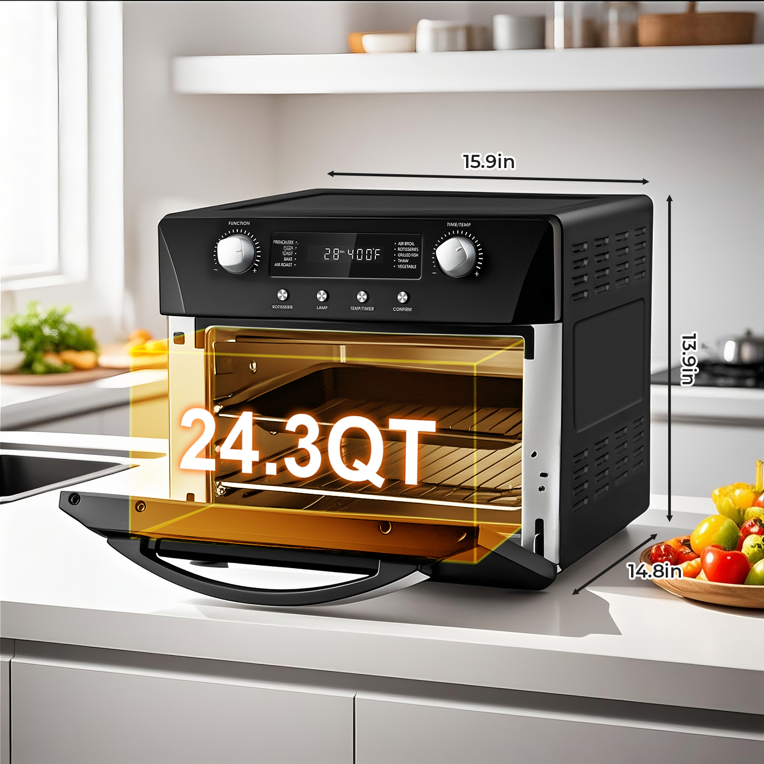 Cusimax Air Fryer Oven Countertop, 10-in-1 Convection Oven, 24QT Combo Countertop Toaster Oven with Rotisserie & Dehydrator, Rich Accessories, Silver