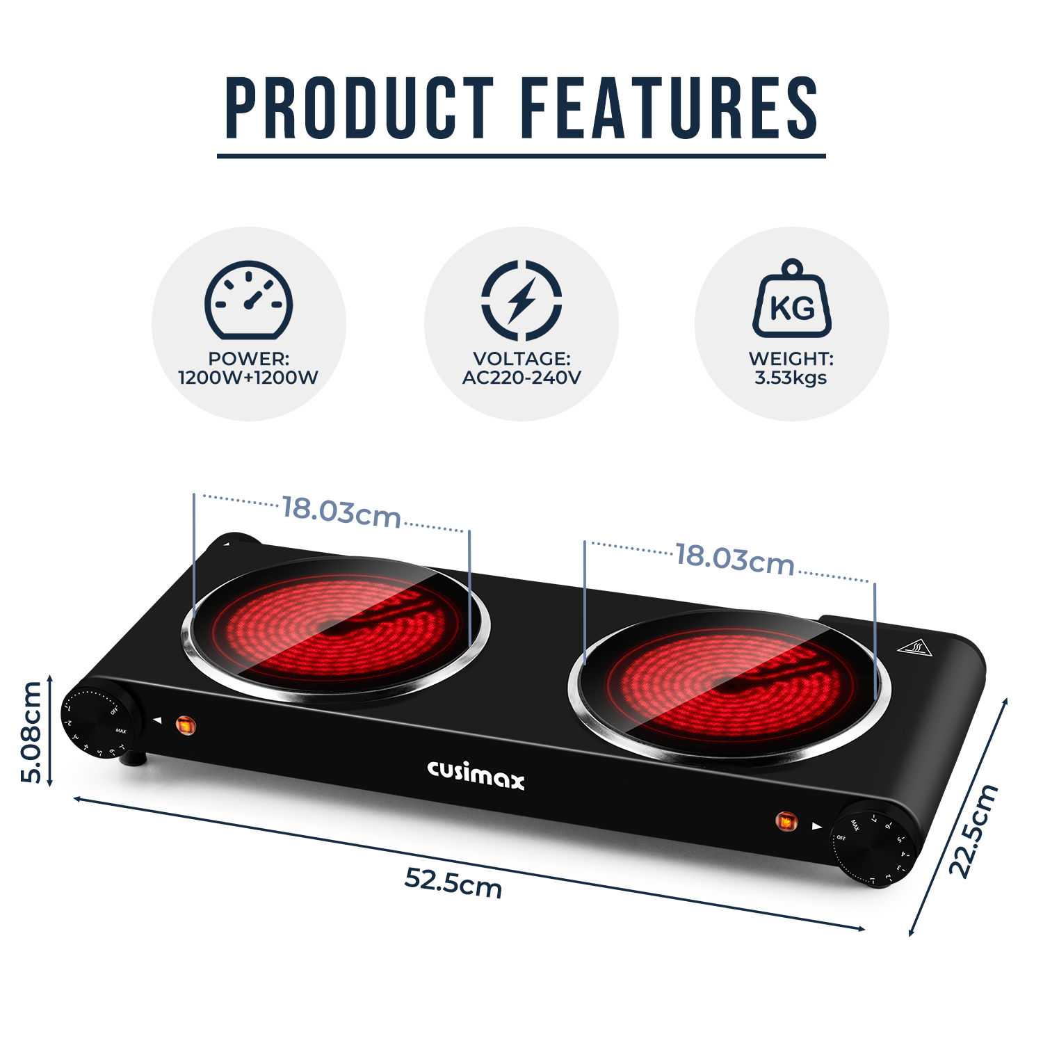 Cusimax Portable 2-Burner 7.1 in. Electric Hot Plate,1800W Glass Dual Countertop Electric Cooktop,Dual Control Stainless Steel Infrared Electric Stove,Compact Stove For Home Dorm Office
