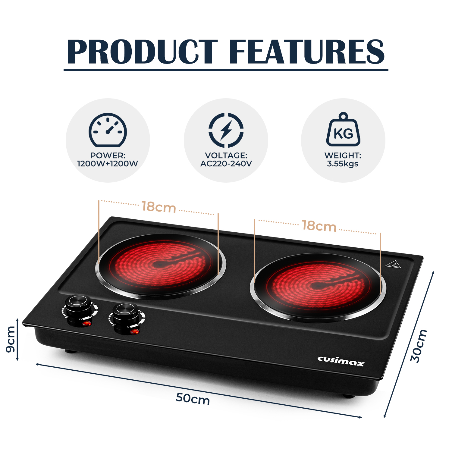 Cusimax 2400W Dual Burner - Portable Infrared Electric Hot Plate, Fast Heating Ceramic Cooktop with Dual Temperature Control, Compact Design for Versatile Cooking, Sleek Black Finish (UK)