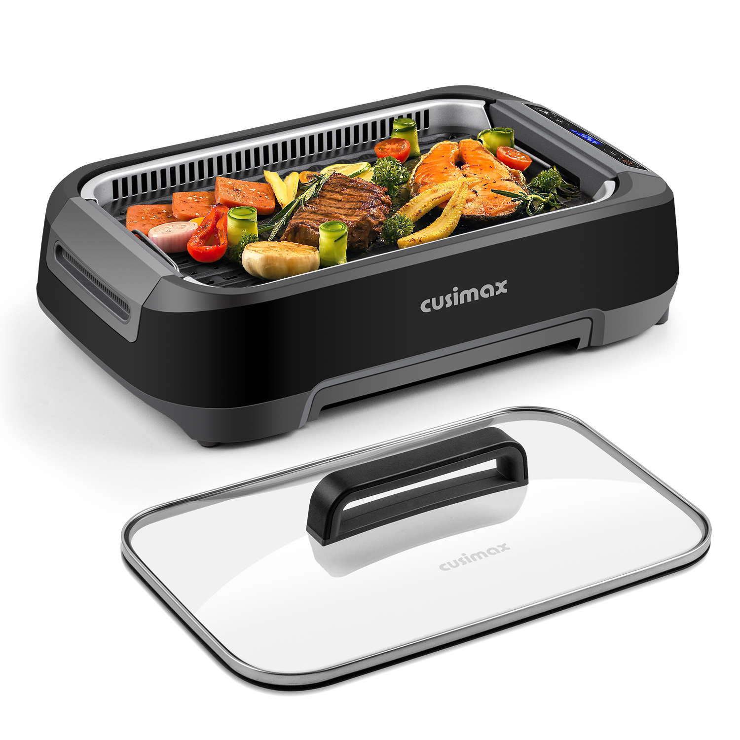 Cusimax 1500W Smokeless Indoor Grill with LED Smart Display & Non-stick Removable Grill Plate,Tempered Glass Lid,Turbo Smoke Extractor,212℉ to 446℉