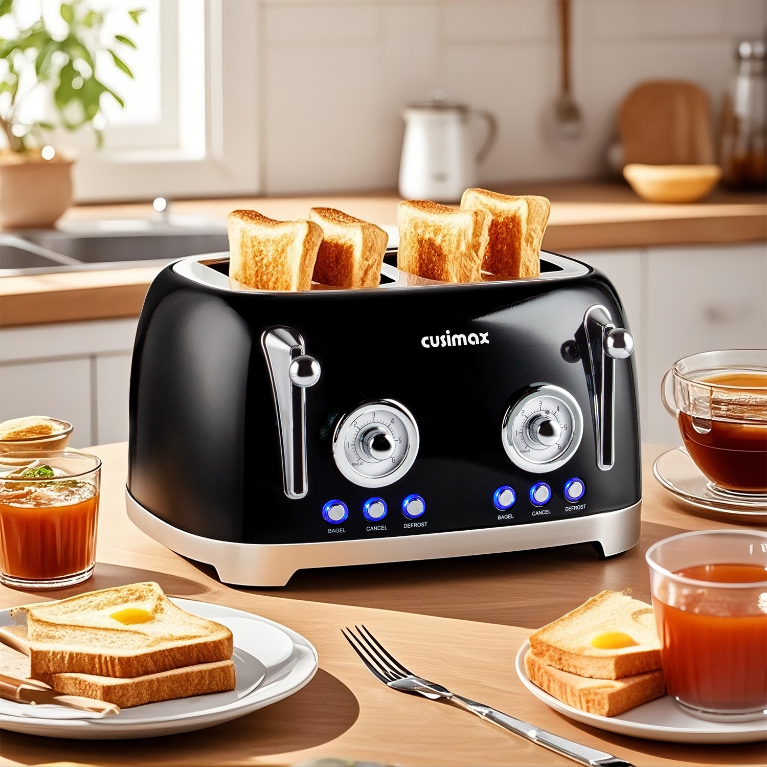 Cusimax Retro Toaster 4 Slice with Extra Wide Slots for Bagels and Waffles,6 Browning Levels and 4 Functions,Stainless Steel Toaster with Auto Shut-off and Cancel Button,Removable Crumb Tray