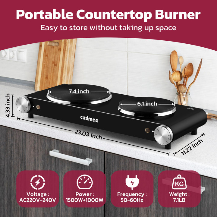 Cusimax Double Hot Plate, 2500W Portable Electric Burner – Dual Cast Iron Rings for Even Heating, Compatible with All Cookware, Efficient Heating for Faster Cooking, Tabletop Electric Hob for Home, Office, or Camping, Sleek Black Design(UK)