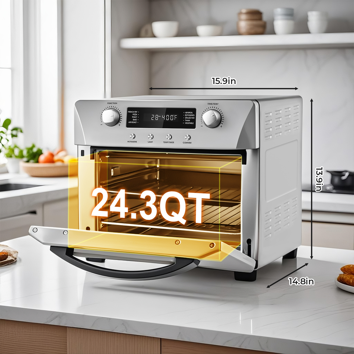 Cusimax Air Fryer Oven Countertop, 10-in-1 Convection Oven, 24QT Combo Countertop Toaster Oven with Rotisserie & Dehydrator, Rich Accessories, Silver