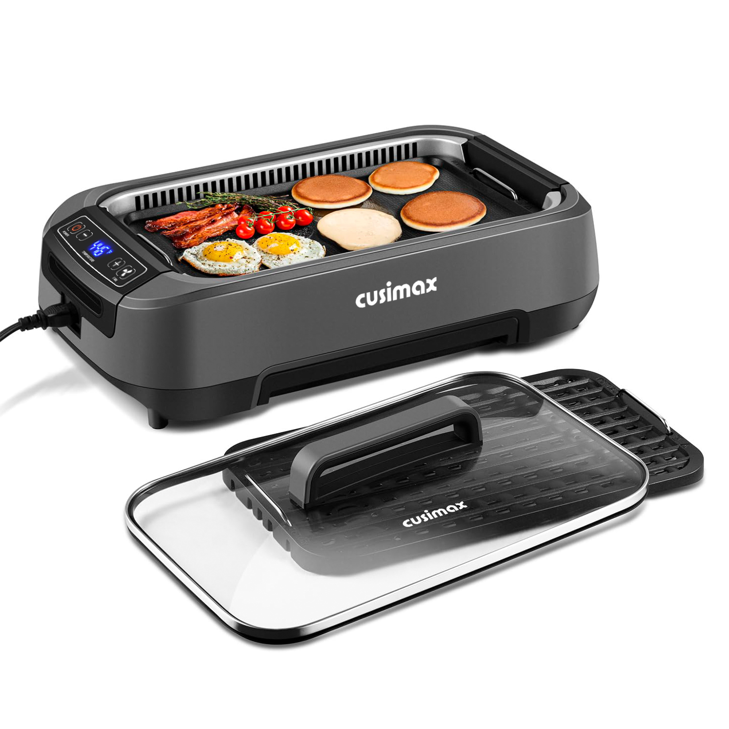 Cusimax Smokeless Indoor Grill,  Electric Grill with Non-stick Removable Grill/Griddle Plate, 1500W Korean BBQ Grill with LED Smart Display & Tempered Glass Lid, Easy to Clean.