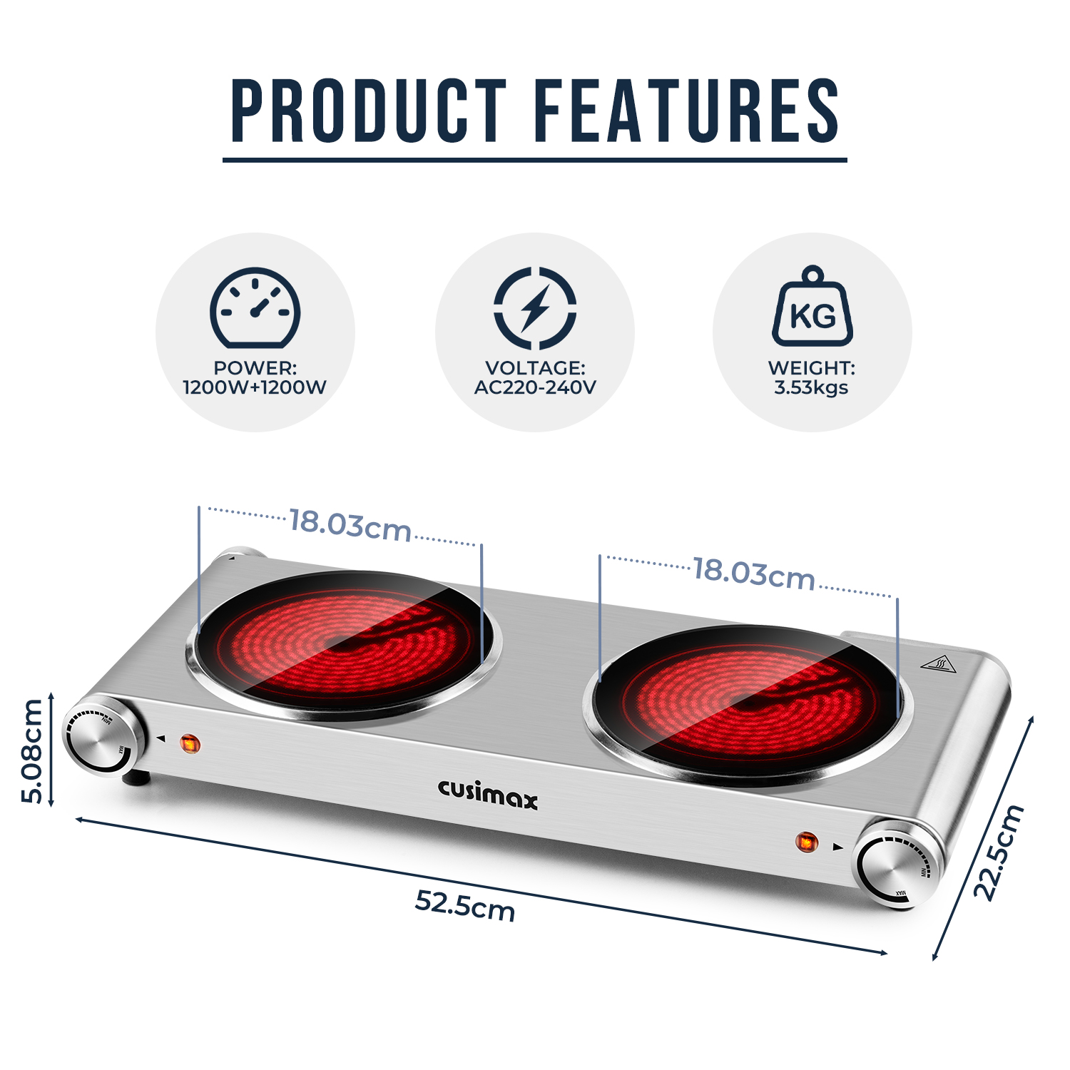 Cusimax Portable 2-Burner 7.1 in. Electric Hot Plate,1800W Glass Dual Countertop Electric Cooktop,Dual Control Stainless Steel Infrared Electric Stove,Compact Stove For Home Dorm Office