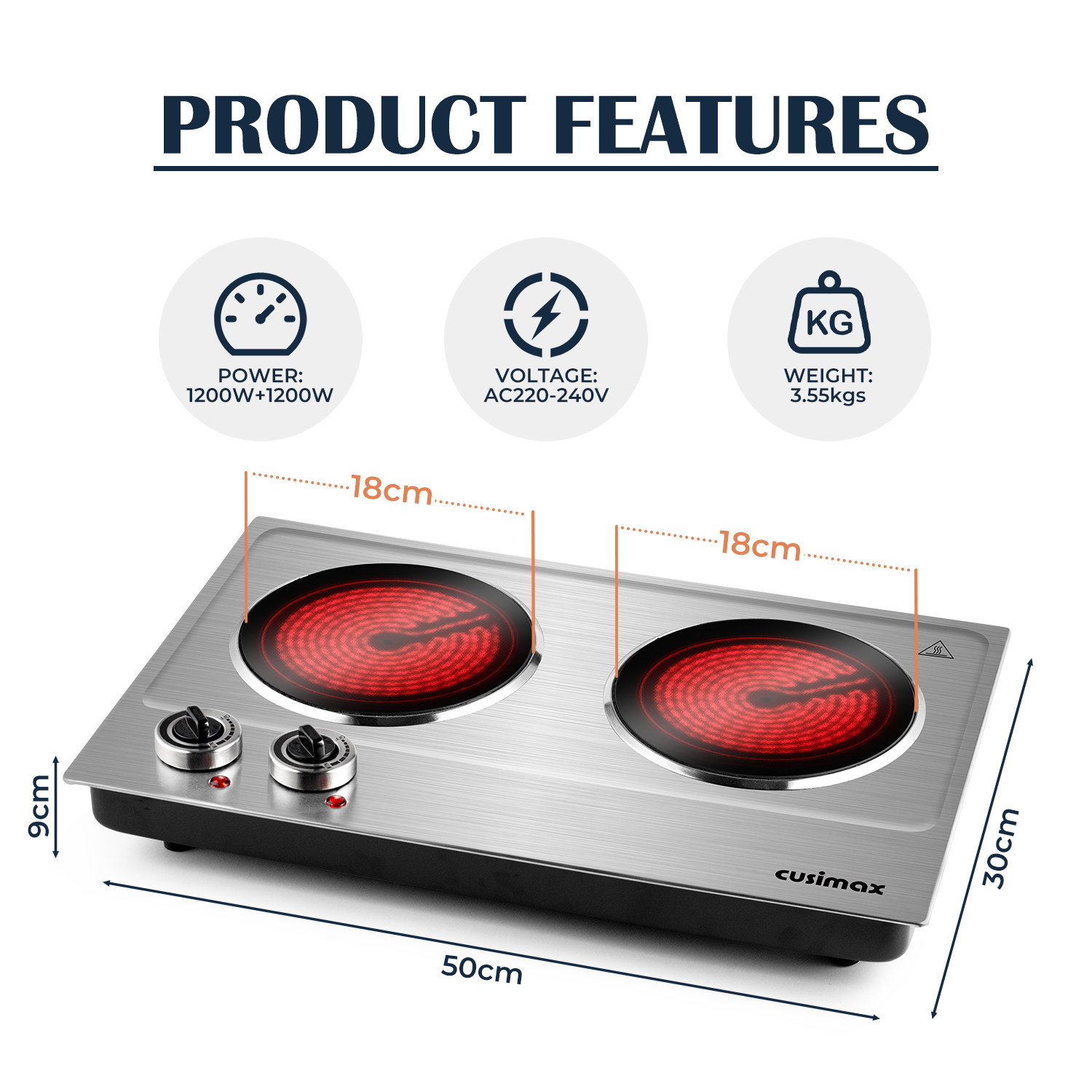 Cusimax 2400W Double Burner - Portable Electric Ceramic Hot Plate with Infrared Heating, Dual Temperature Control, Fast Heat-Up, Sleek Silver Design(UK)