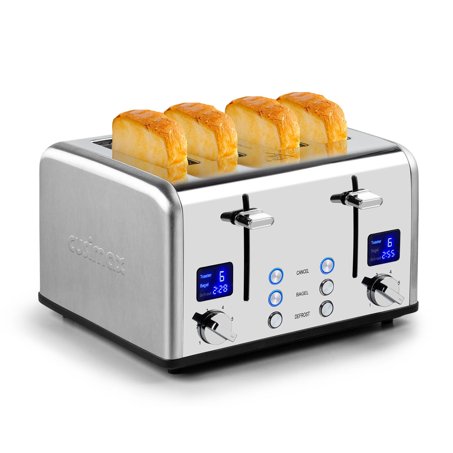 Cusimax 4 Slice Toaster, Stainless Steel Toaster with Ultra-Clear LED Display & Extra Wide Slots, Dual Control Panels of 6 Shade Settings, Cancel/Bagel/Defrost Function, Removable Crumb Trays