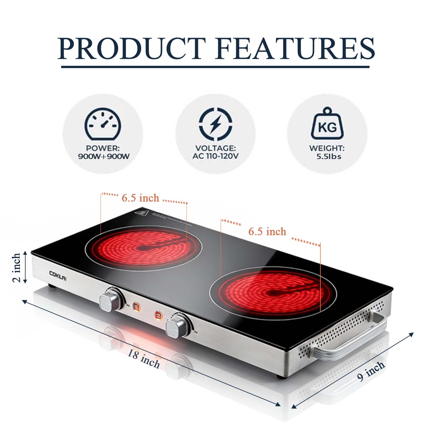 SP COKLAI Double Burner Infrared Glass Electric Hot Plate, Portable Cooktop with Adjustable Temperature, Easy-Clean Surface for Kitchen, Dorm, RV & Camping