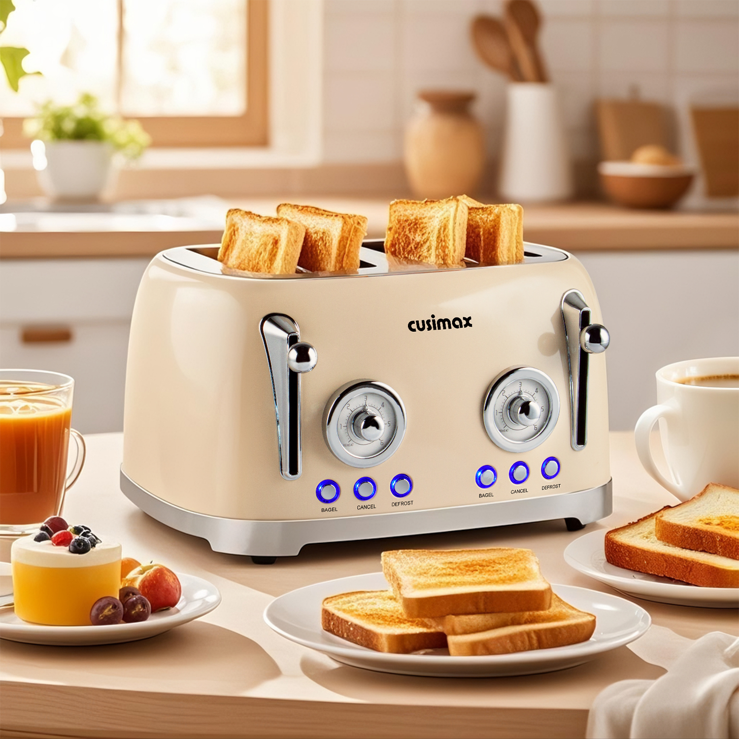 Cusimax Retro Toaster 4 Slice with Extra Wide Slots for Bagels and Waffles,6 Browning Levels and 4 Functions,Stainless Steel Toaster with Auto Shut-off and Cancel Button,Removable Crumb Tray