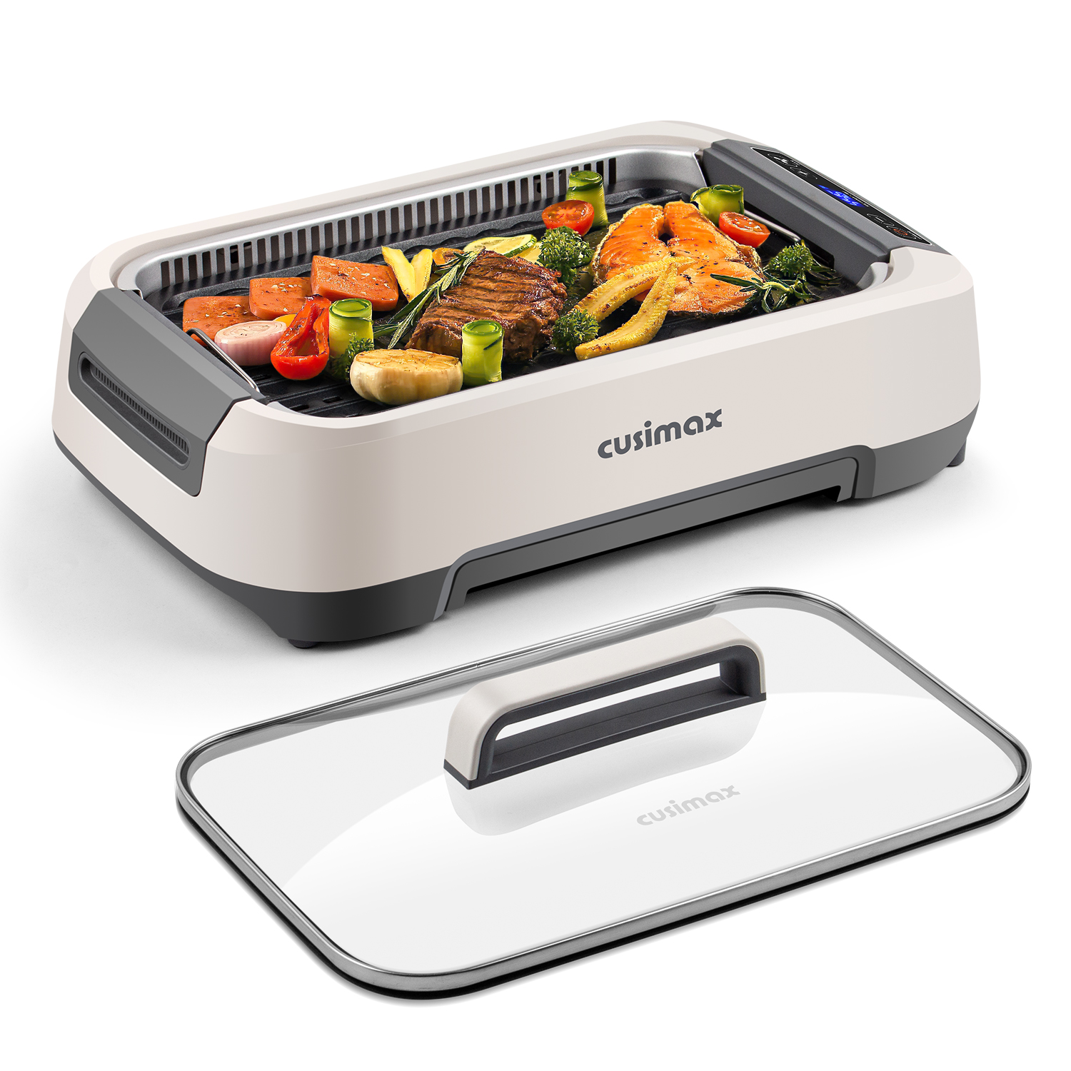 Cusimax 1500W Smokeless Indoor Grill with LED Smart Display & Non-stick Removable Grill Plate,Tempered Glass Lid,Turbo Smoke Extractor,212℉ to 446℉