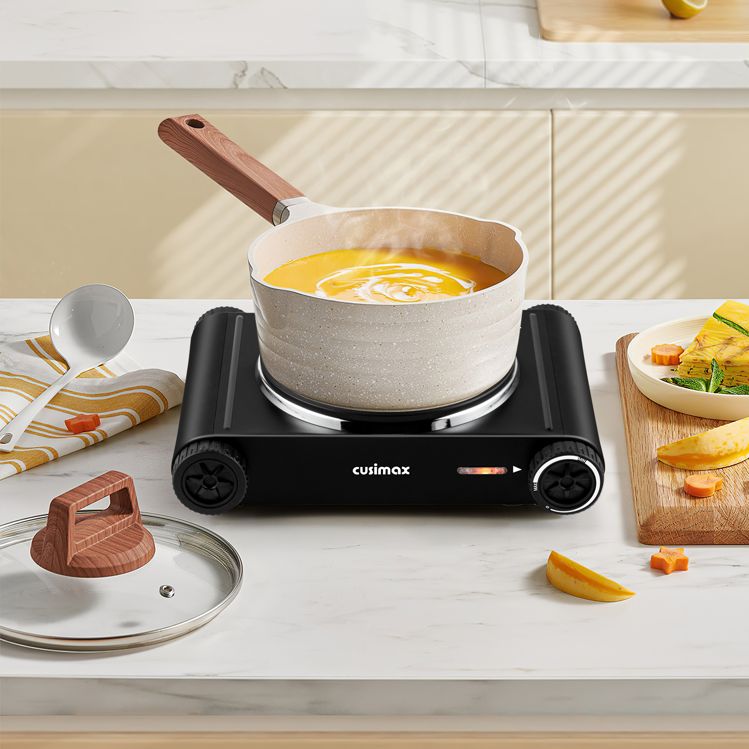 Cusimax Portable Electric Hot Plate for Cooking,1500W Countertop Single Burner, Cast Iron Stove, Concealed Handle, Temperature Controls, Compatible for All Cookwares