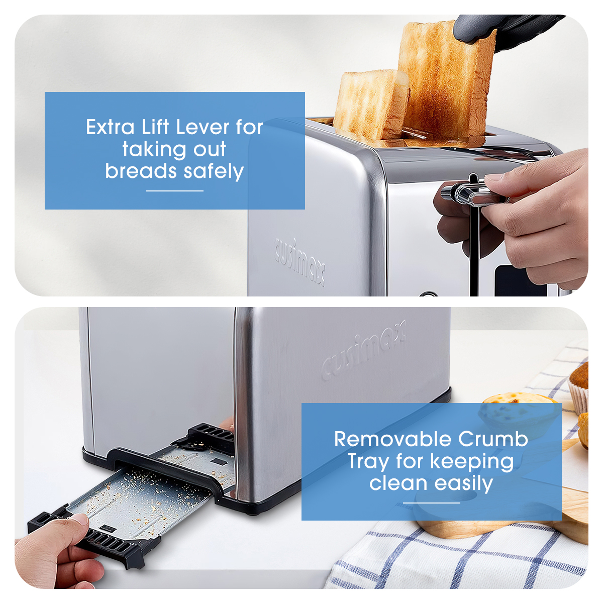 Cusimax Brushed Stainless Steel 2 Slice Toaster with Large LED Display,Extra Wide Slots & Removable Crumb Tray,6 Browning Settings,Cancel/Bagel/Defrost Function