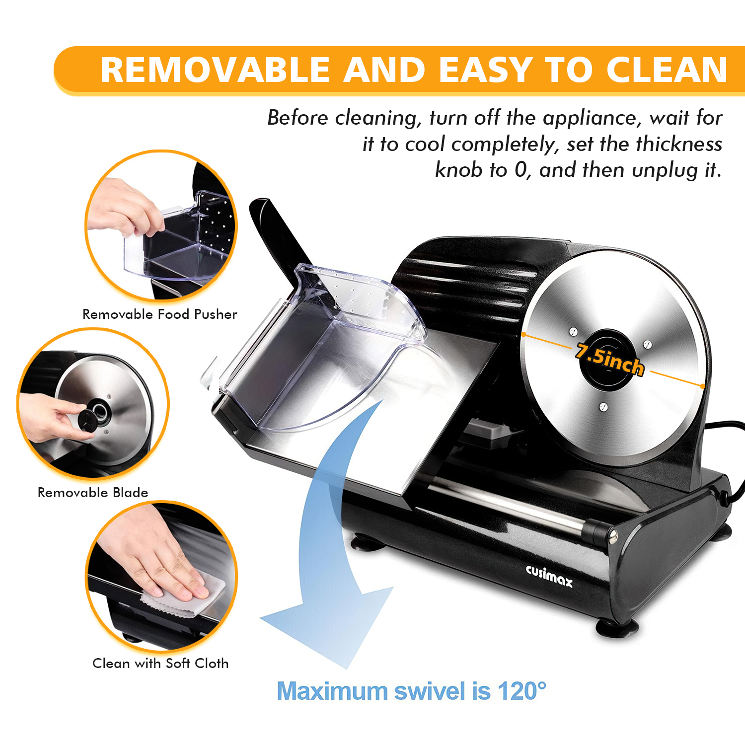 Cusimax 7.5 Inch Black Electric Deli Food Slicer(One Blade)