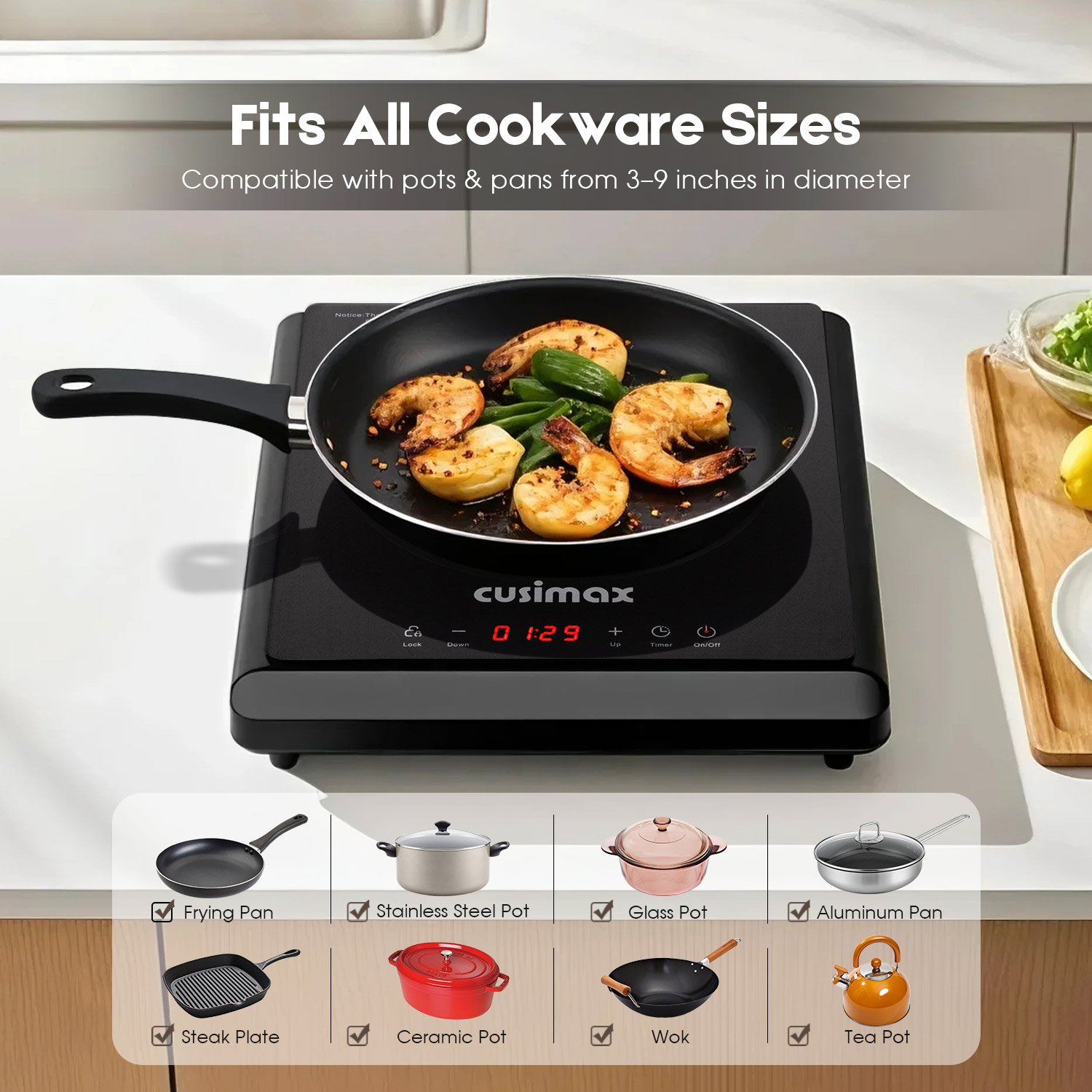 CUSIMAX 1500W Hot Plate, Portable Infrared Electric Stove For Home With 7 Speed,Ceramic Countertop Stove Sensor Touch,Kids Safety Lock And Timer,Compatible For All Cookwares